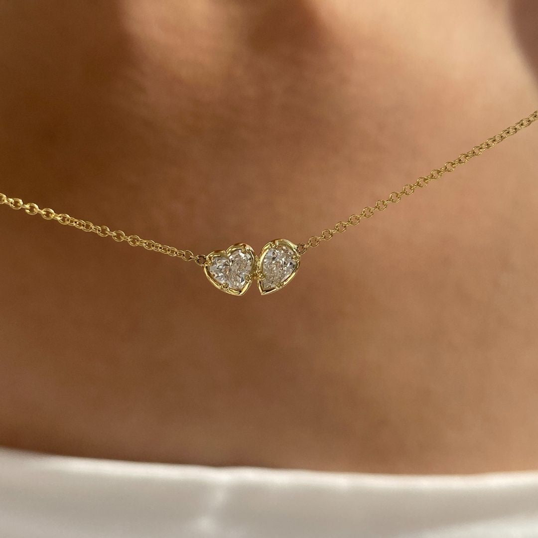 Toi Et Moi Heart & Pear Shape Diamond Bezel Pendant Yellow Gold Necklace in 14k yellow gold - Side Profile