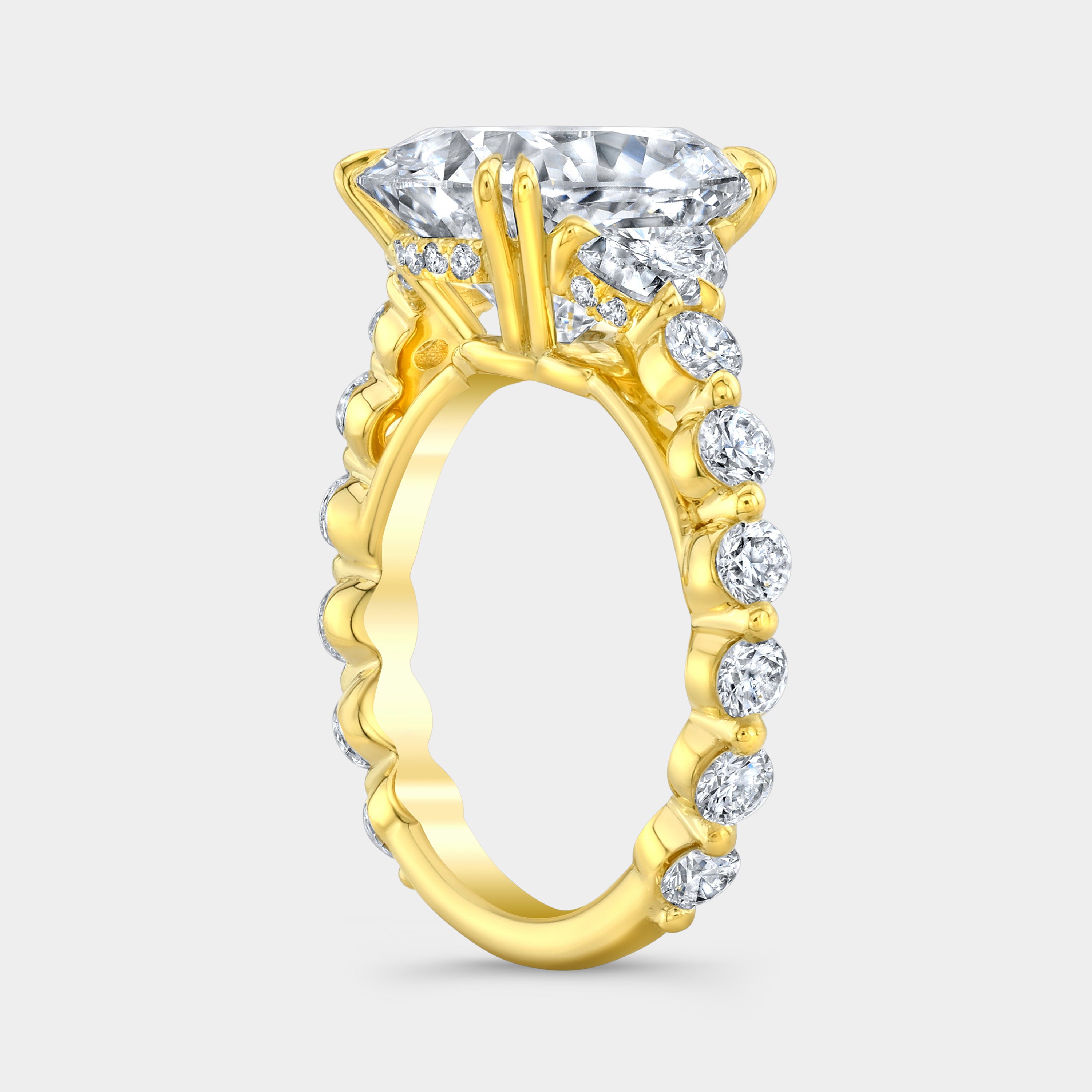Cushion Diamond Hidden Halo 3 Stone with Half Moon Side Stones Yellow Gold Engagement Ring in 18k Yellow Gold