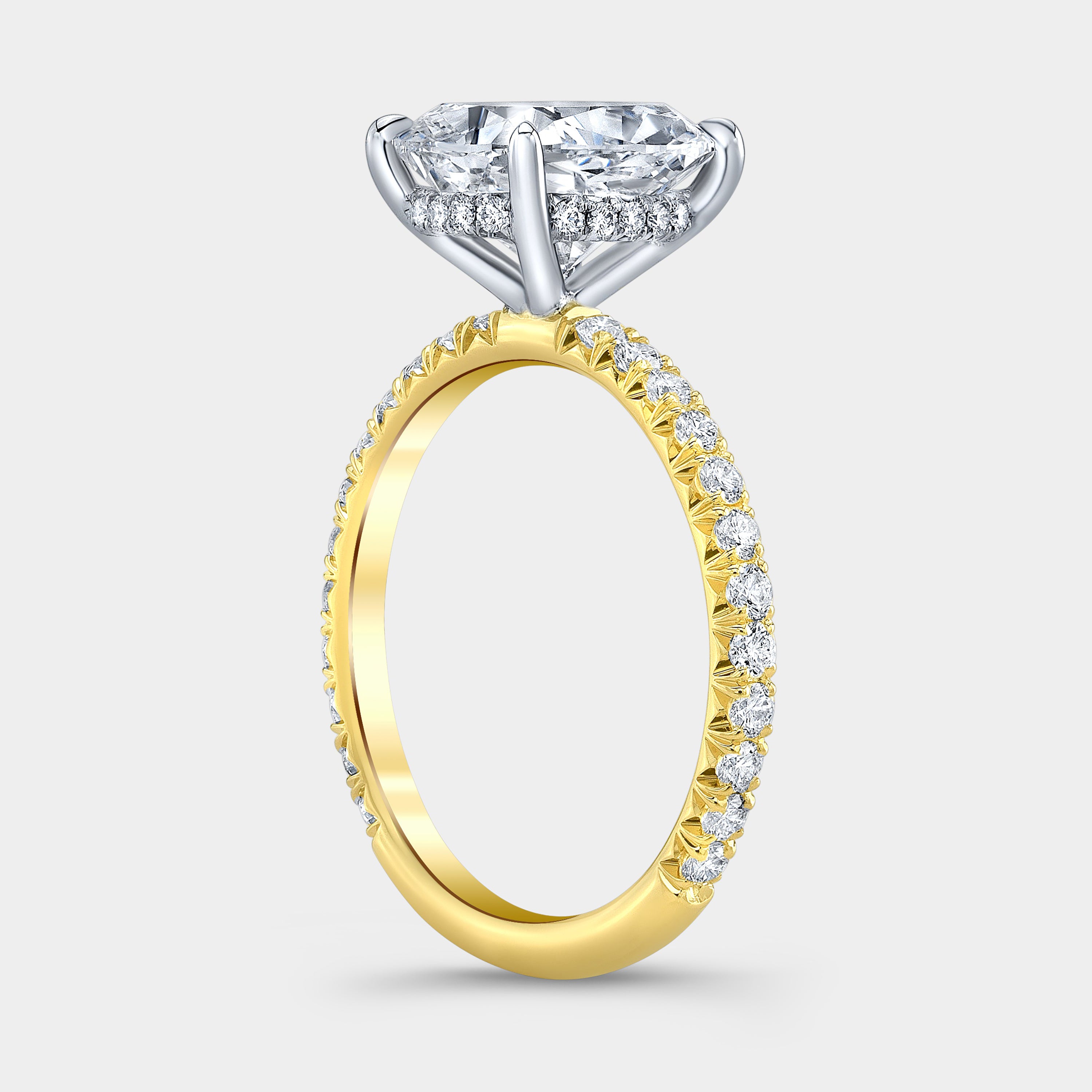 Cushion Diamond Hidden Halo with French Pave Yellow Gold And Platinum Engagement Ring