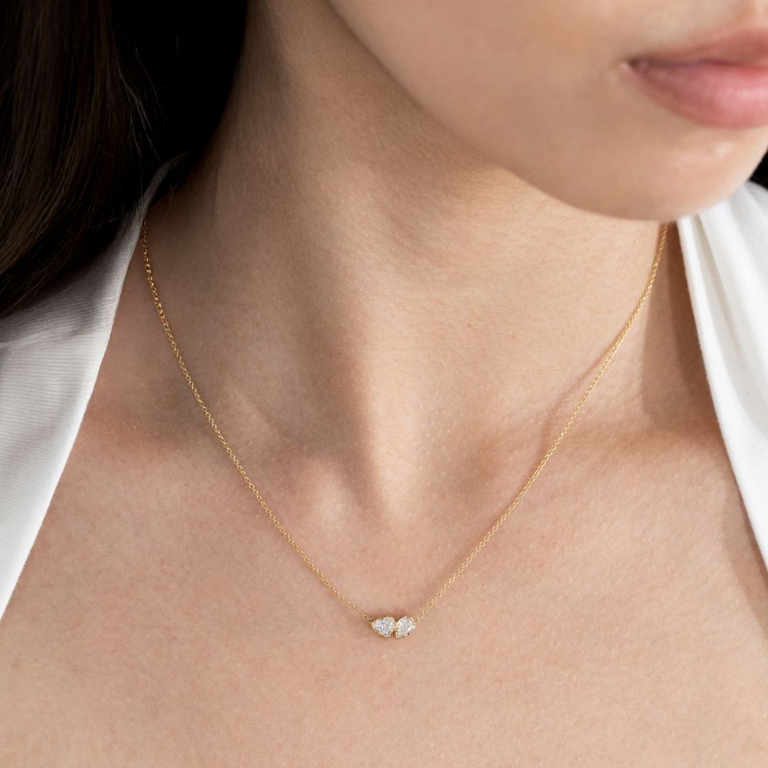 Toi Et Moi Heart & Pear Shape Diamond Bezel Pendant Yellow Gold Necklace in 14k yellow gold - Front View