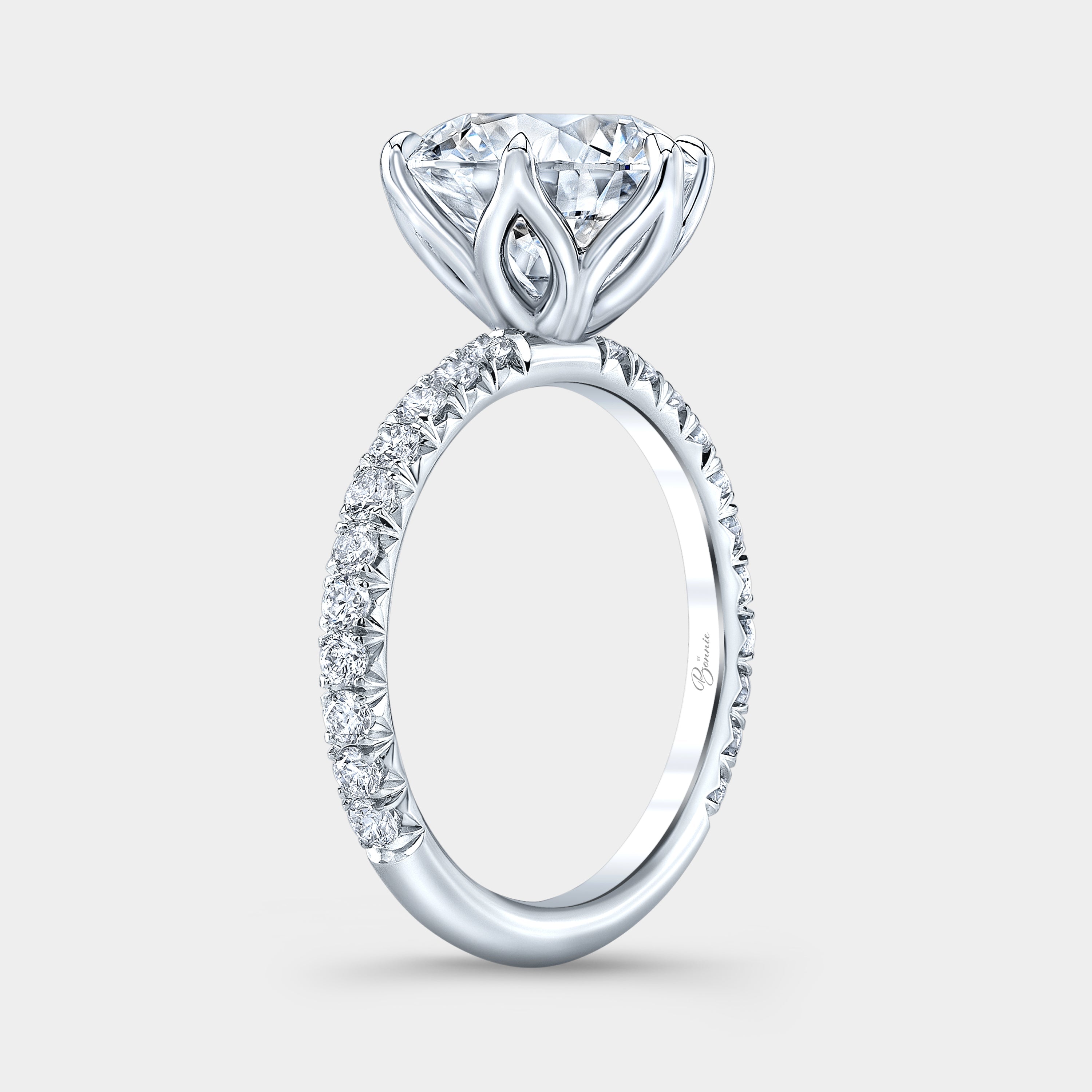 Round Diamond Tulip with French Pave Platinum Engagement Ring - Front View