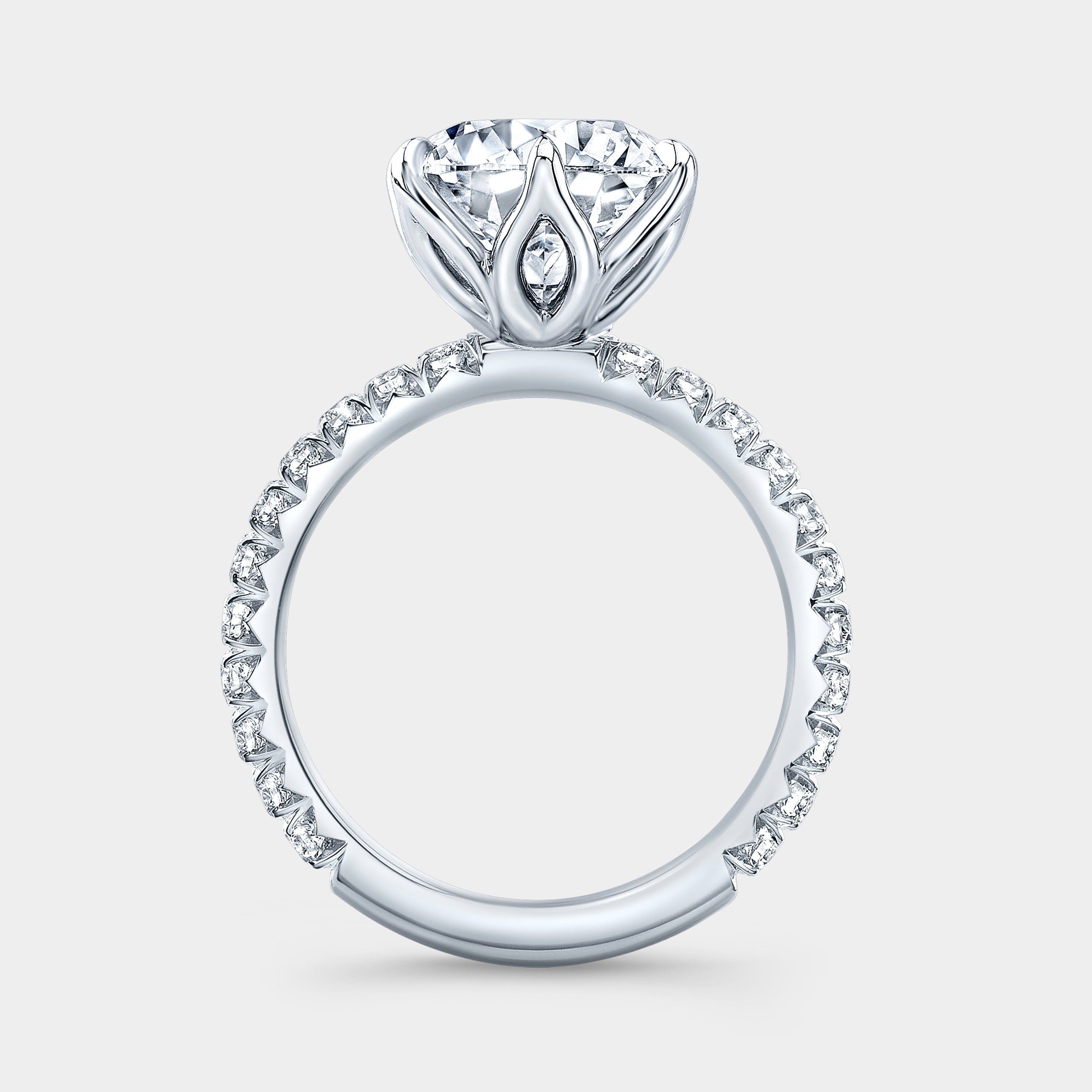 Round Diamond Tulip with French Pave Platinum Engagement Ring - Angled View
