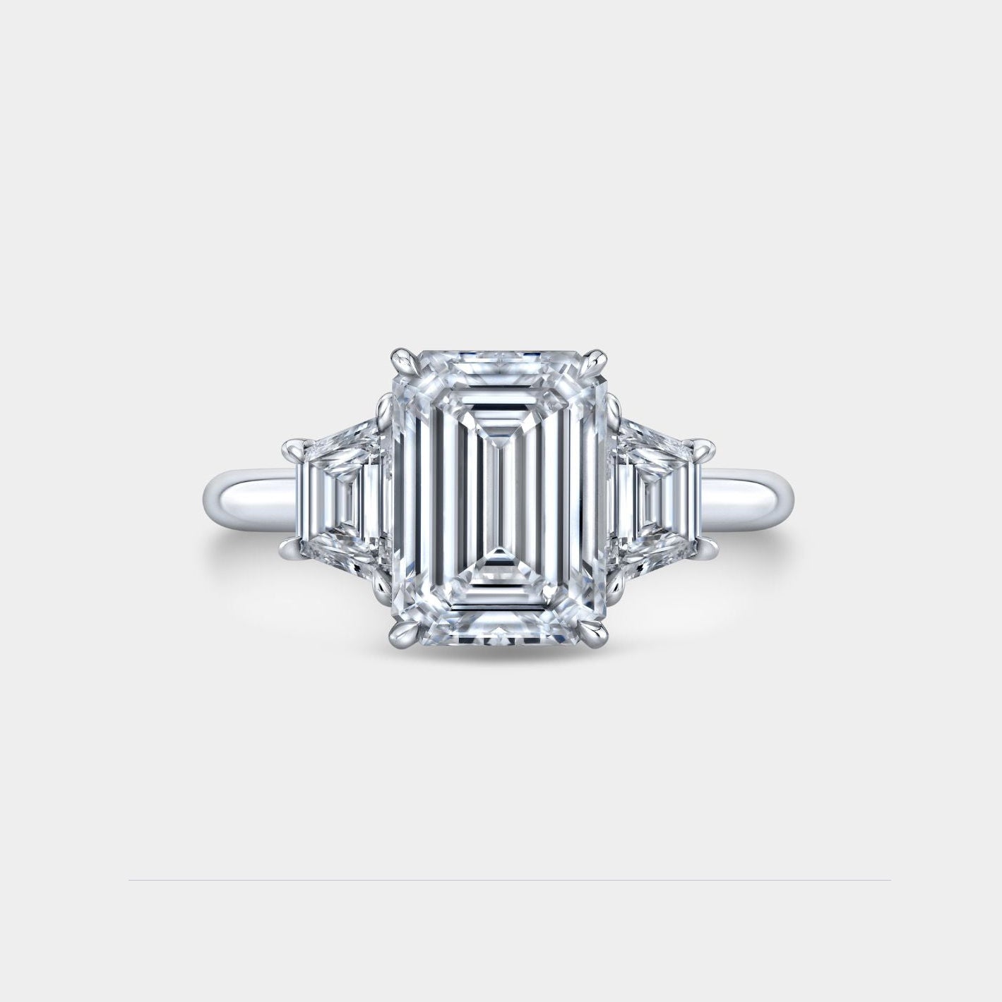 Emerald Diamond Trapezoid Cathedral Three Stone Platinum Engagement Ring