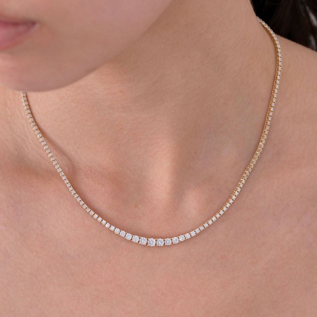 5ct Graduating Lab Diamond Yellow Gold Tennis Necklace in 14k yellow gold