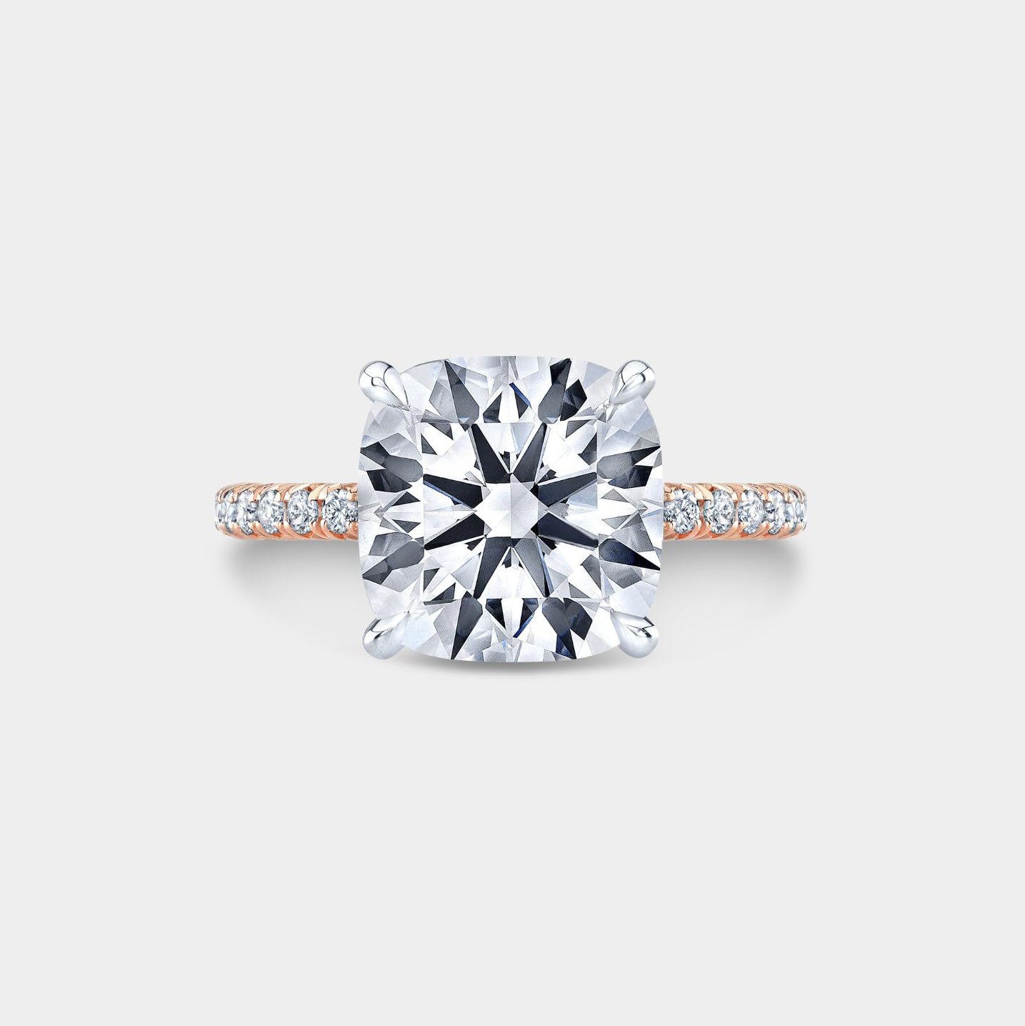 Cushion Diamond Extra Low Profile Hidden Halo French Pave Rose Gold And Platinum Engagement Ring