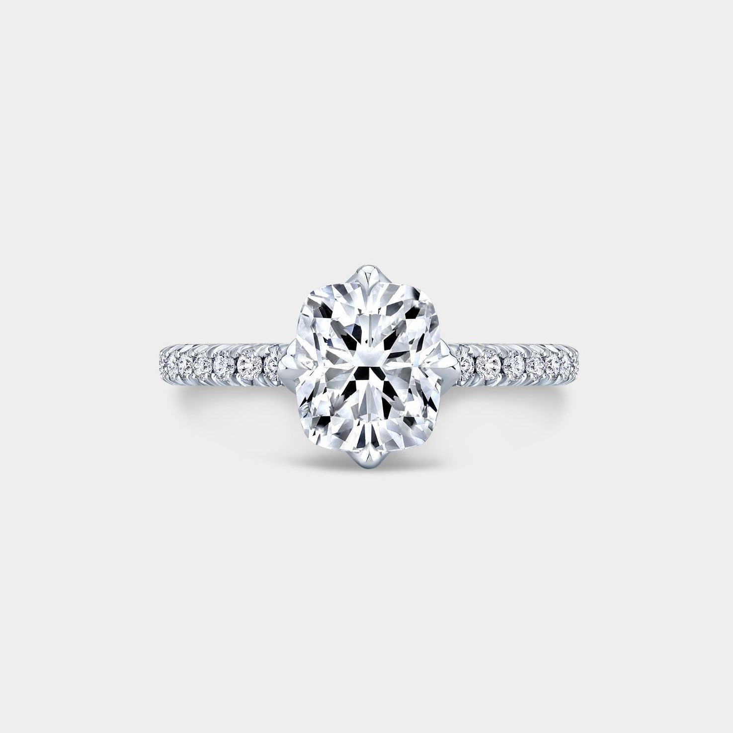 Cushion Diamond North South Tulip French Pave Platinum Engagement Ring