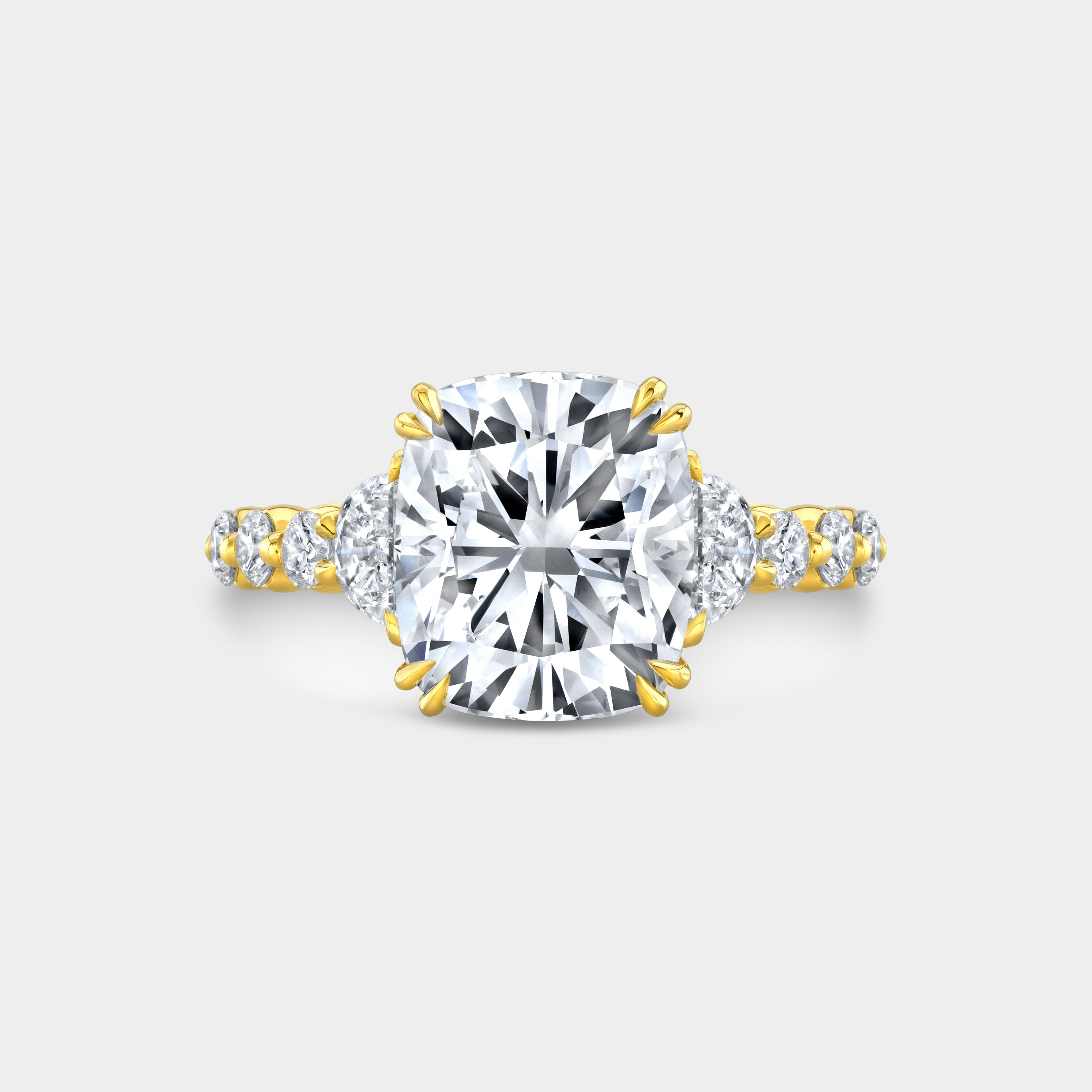 Cushion Diamond Hidden Halo 3 Stone with Half Moon Side Stones Yellow Gold Engagement Ring in 18k Yellow Gold