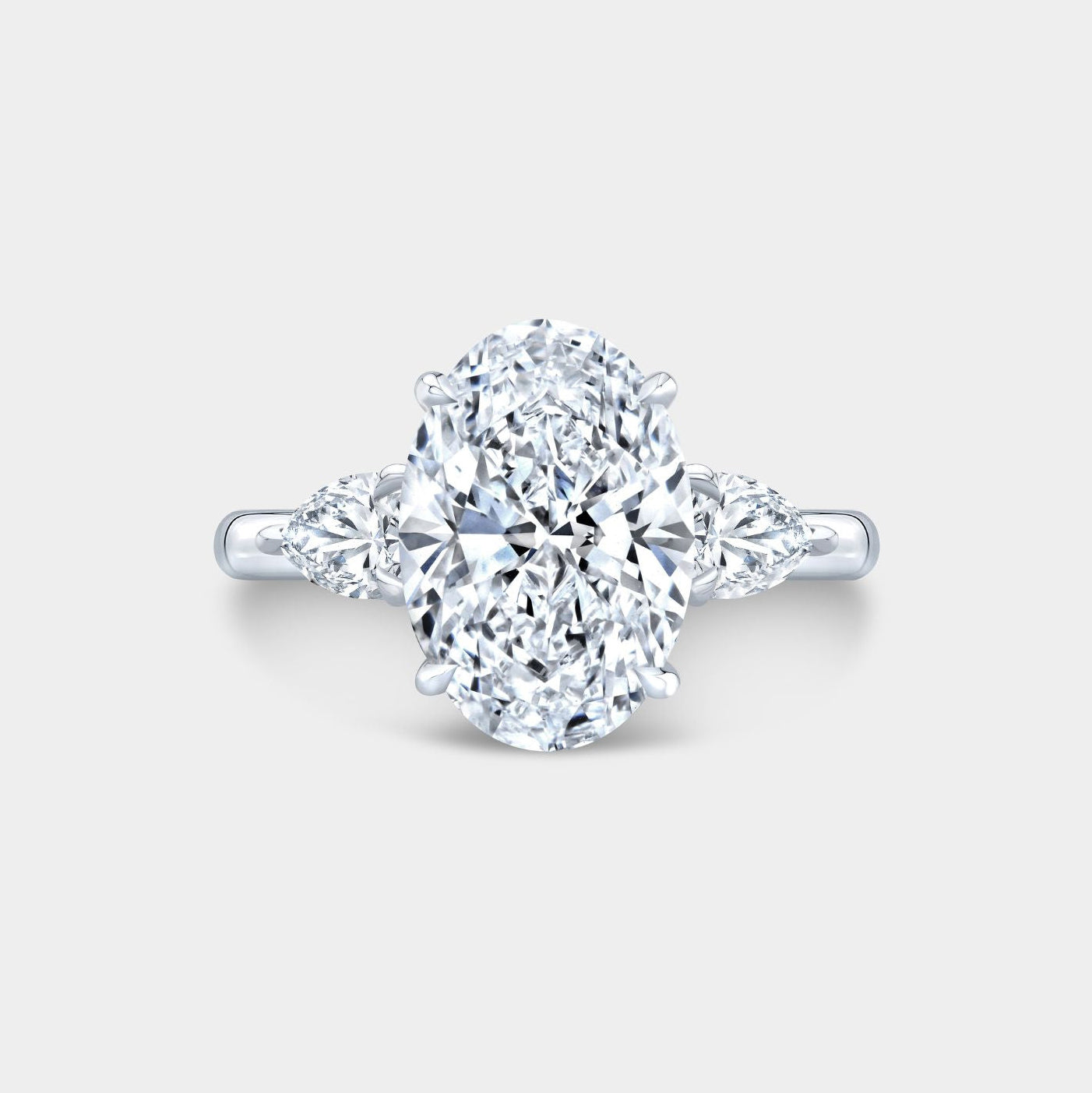 3.51ct Lab Grown Oval 3 Stone with Pear Shape Side Diamond Platinum Engagement Ring - 3.51ct Lab Grown