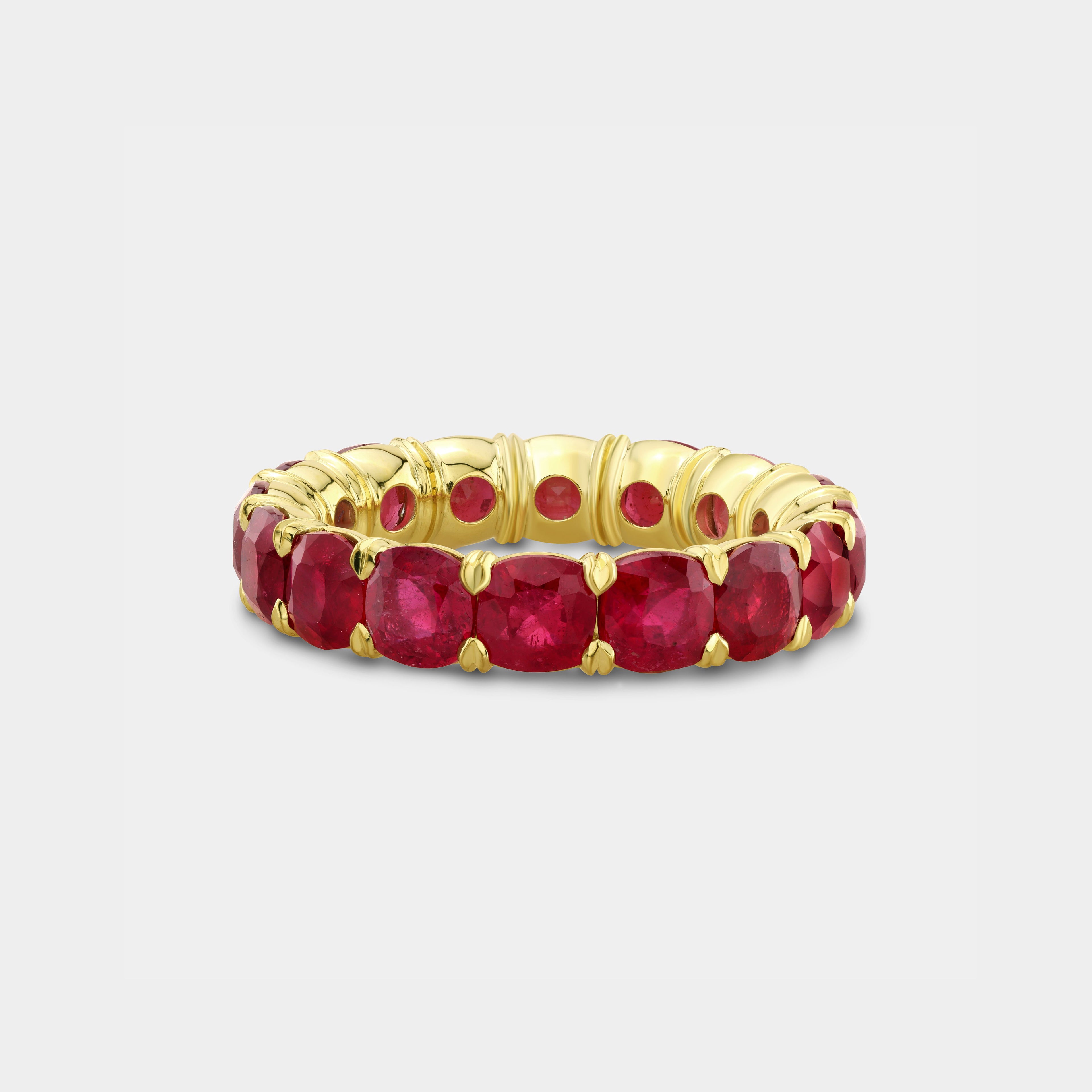 6ct Cushion Cut Red Ruby Yellow Gold Eternity Band in 18k Yellow Gold