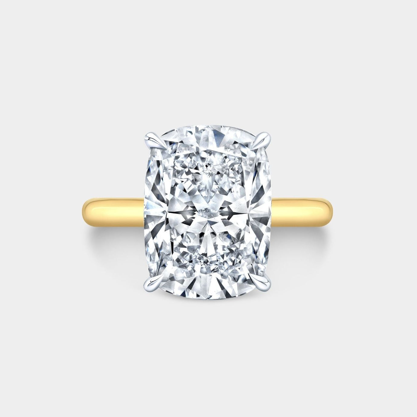 Cushion Diamond Hidden Halo Tapered Cathedral Solitaire Yellow Gold And Platinum Engagement Ring