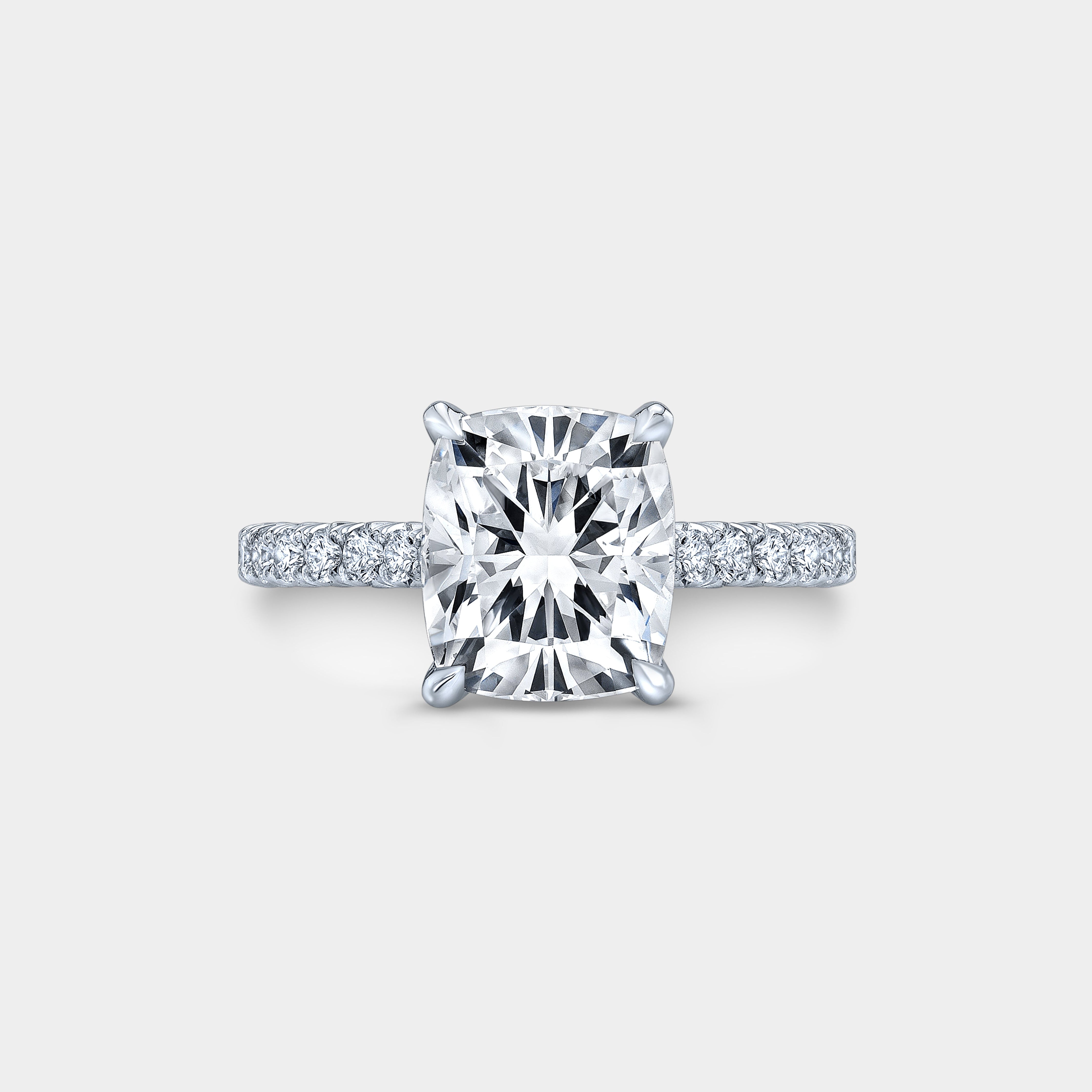 Cushion Diamond Tulip Cathedral French Pave Platinum Engagement Ring