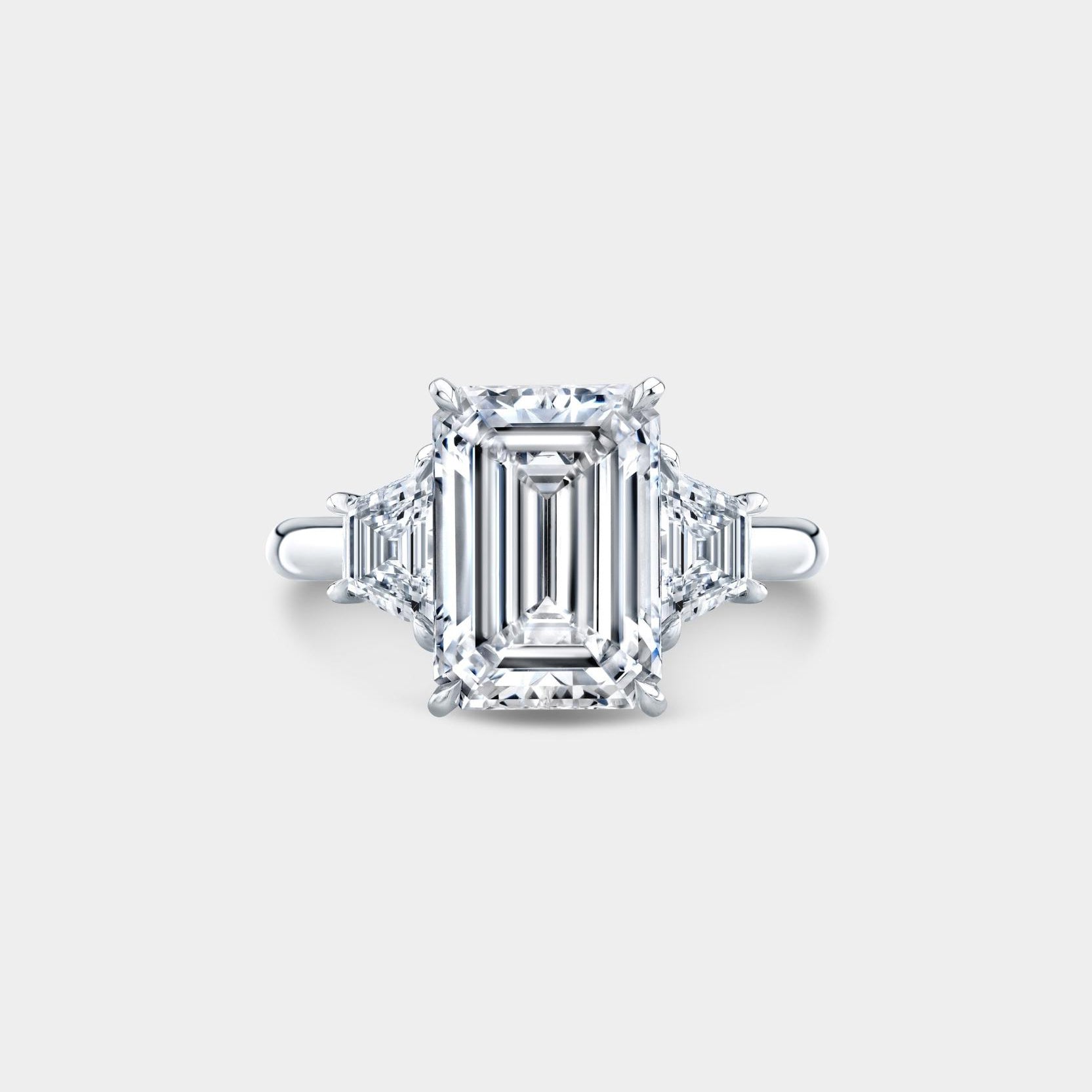 Emerald Diamond Trapezoid Three Stone Cathedral Platinum Engagement Ring