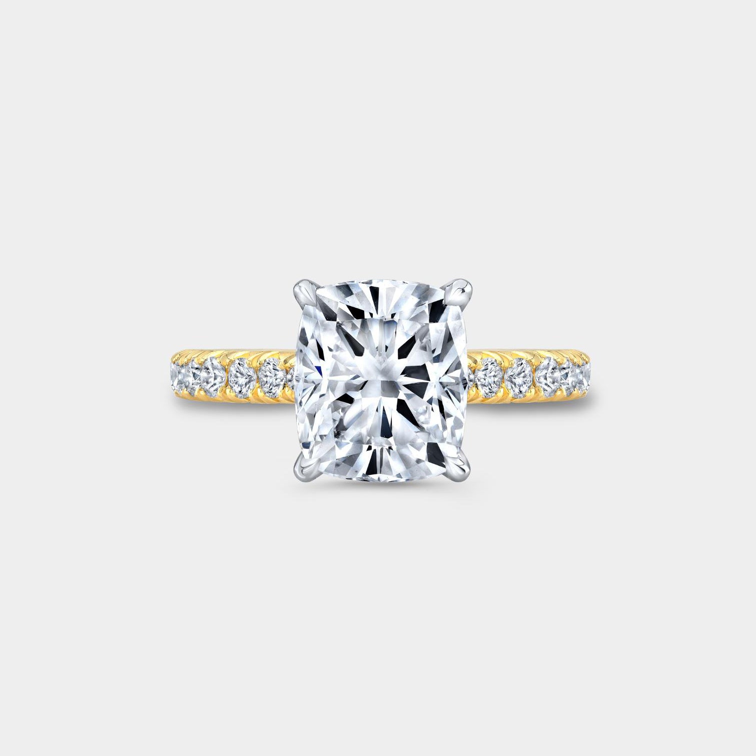Cushion Diamond Tulip Low Cathedral  French Pave Yellow Gold And Platinum Engagement Ring