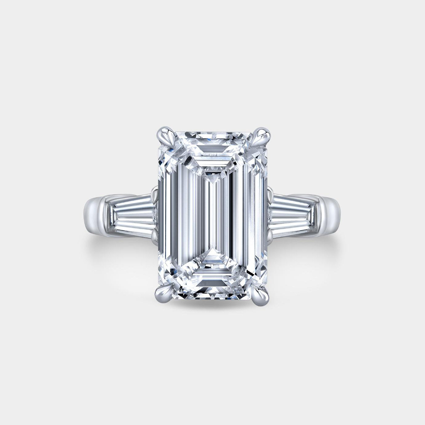 Emerald Diamond Three Stone Tapered Baguette Platinum Engagement Ring