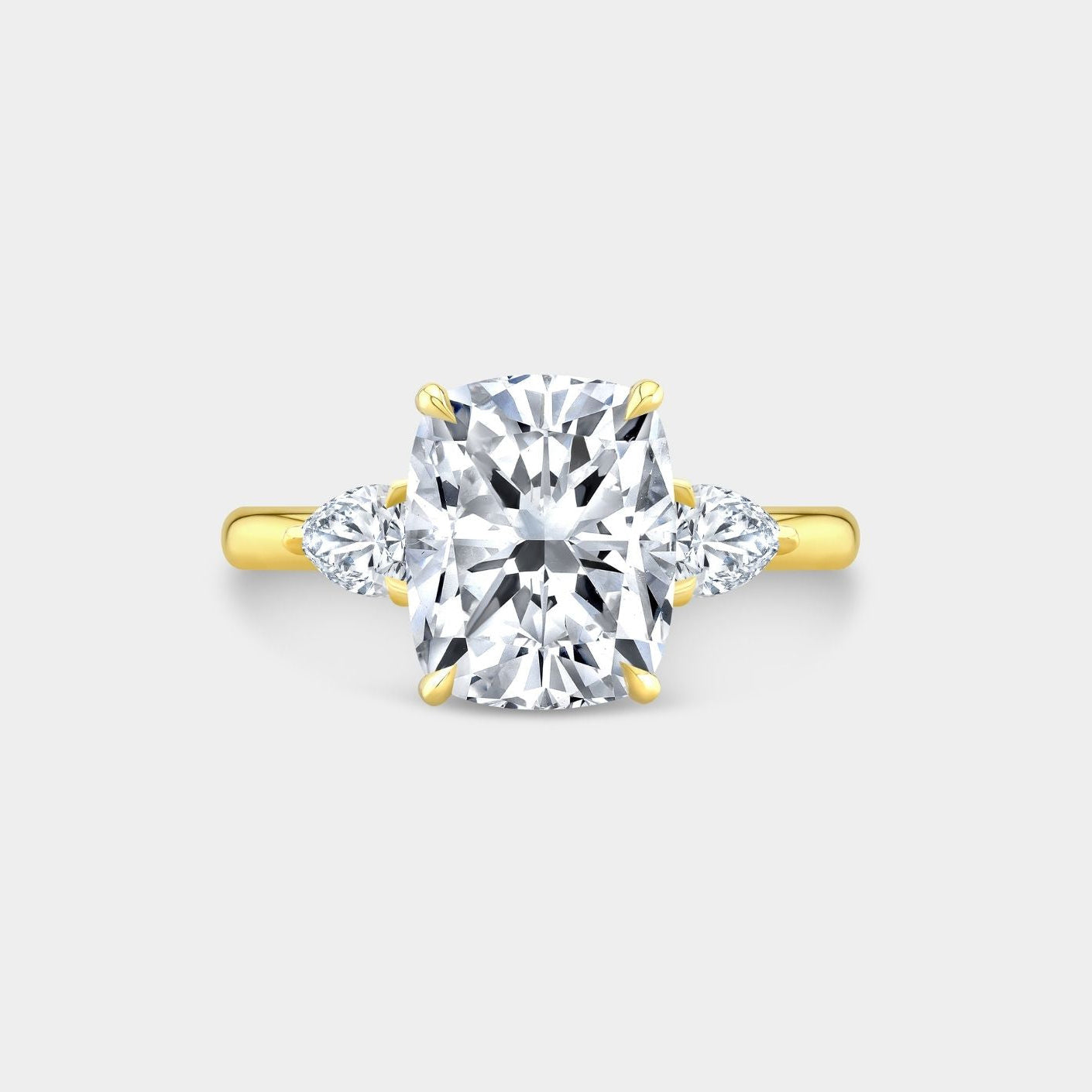 4ct Cushion Cut Diamond 3 Stone Ring with Pears and Hidden Halo Yellow Gold Engagement Ring in 18k yellow gold - 1.50ct