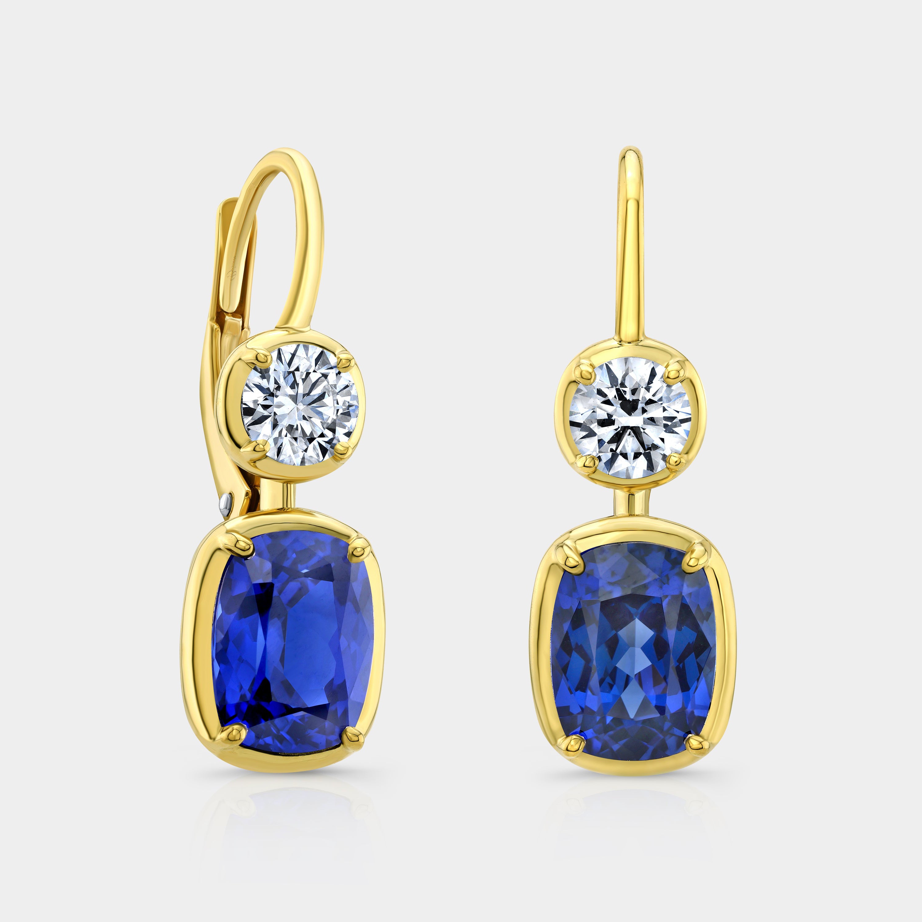 4ct Cushion Cut Blue Sapphire and Diamond Double Drop Earrings
