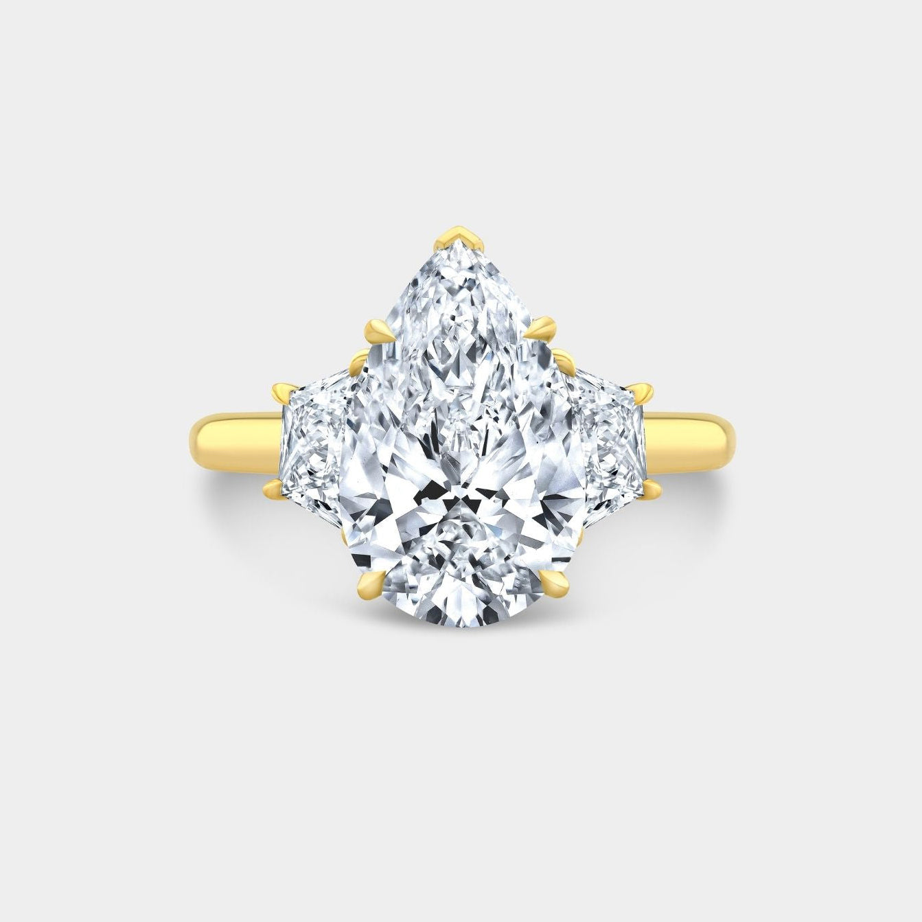 4ct Pear Shape Diamond with Trapezoid Yellow Gold 3 Stone Ring in 18k yellow gold - 1.50ct Lab Grown
