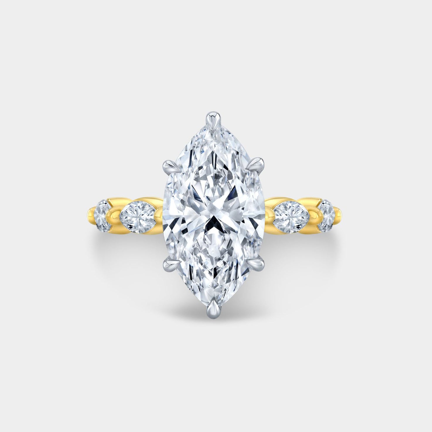 2.52ct Lab Grown Marquise Diamond Five Stone Hidden Halo Yellow Gold And Platinum Engagement Ring - 2.52ct Lab Grown