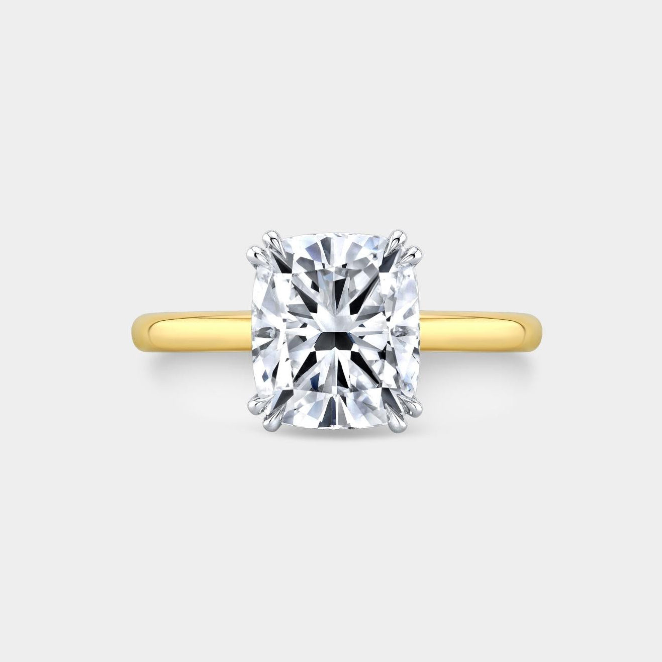 Cushion Diamond Double Claw Prong Hidden Halo Solitaire Engagement Ring Yellow Gold And Platinum Engagement Ring