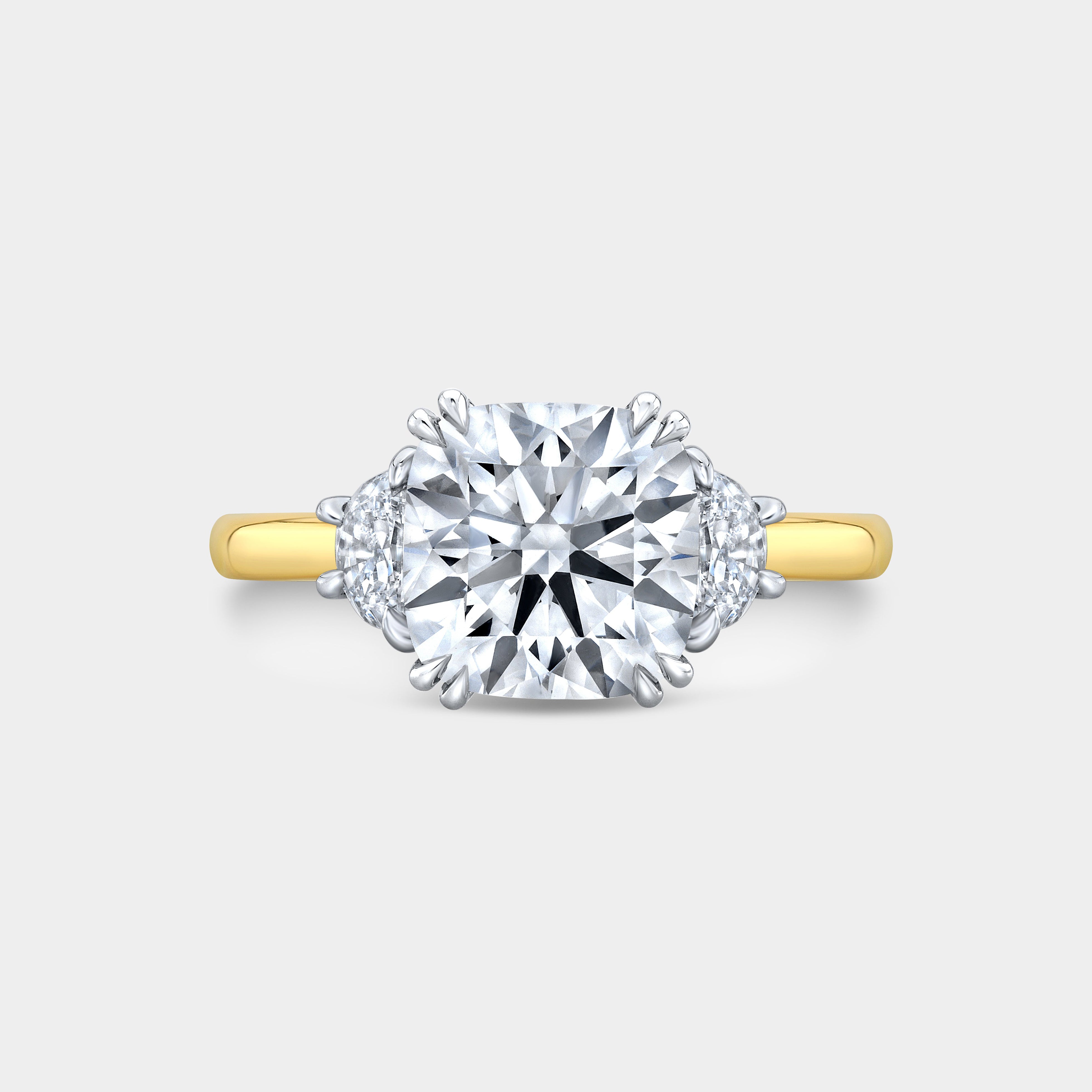 Cushion Diamond Hidden Halo with Half Moon Three Stone Yellow Gold And Platinum Engagement Ring