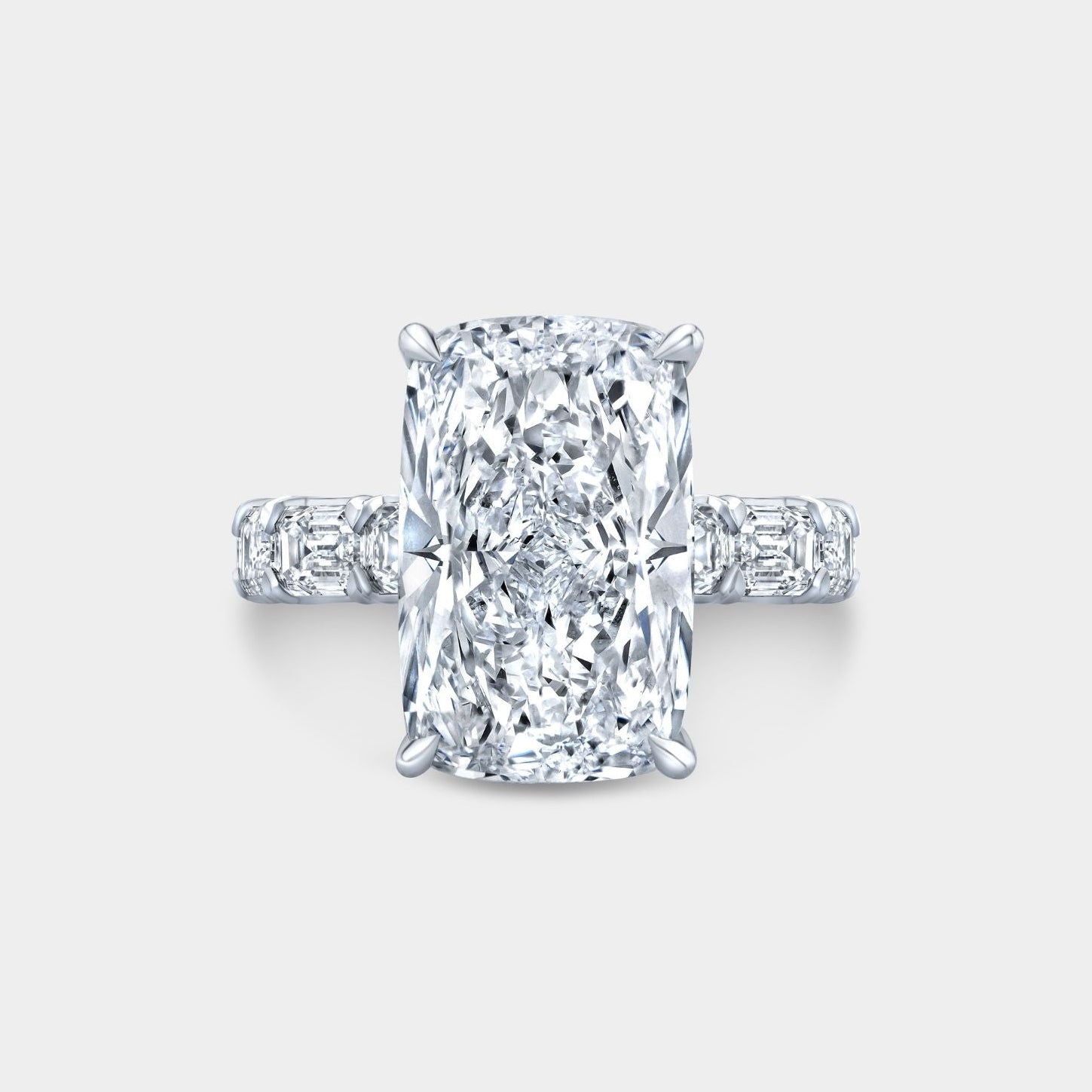 Cushion Diamond Hidden Halo East–West Emerald Cut Diamond Band Platinum Engagement Ring
