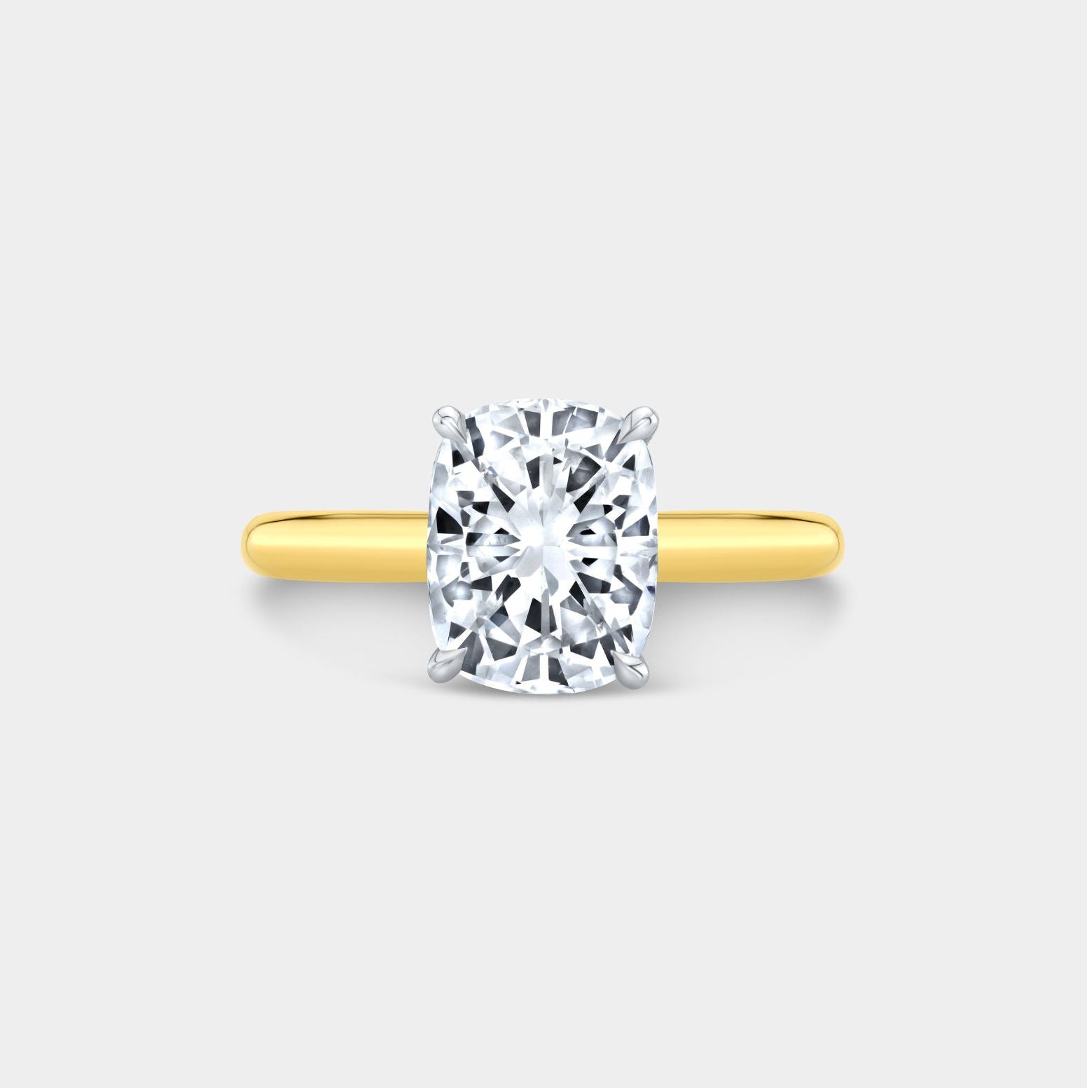 Cushion Diamond Tapered Cathedral Solitaire Yellow Gold And Platinum Engagement Ring