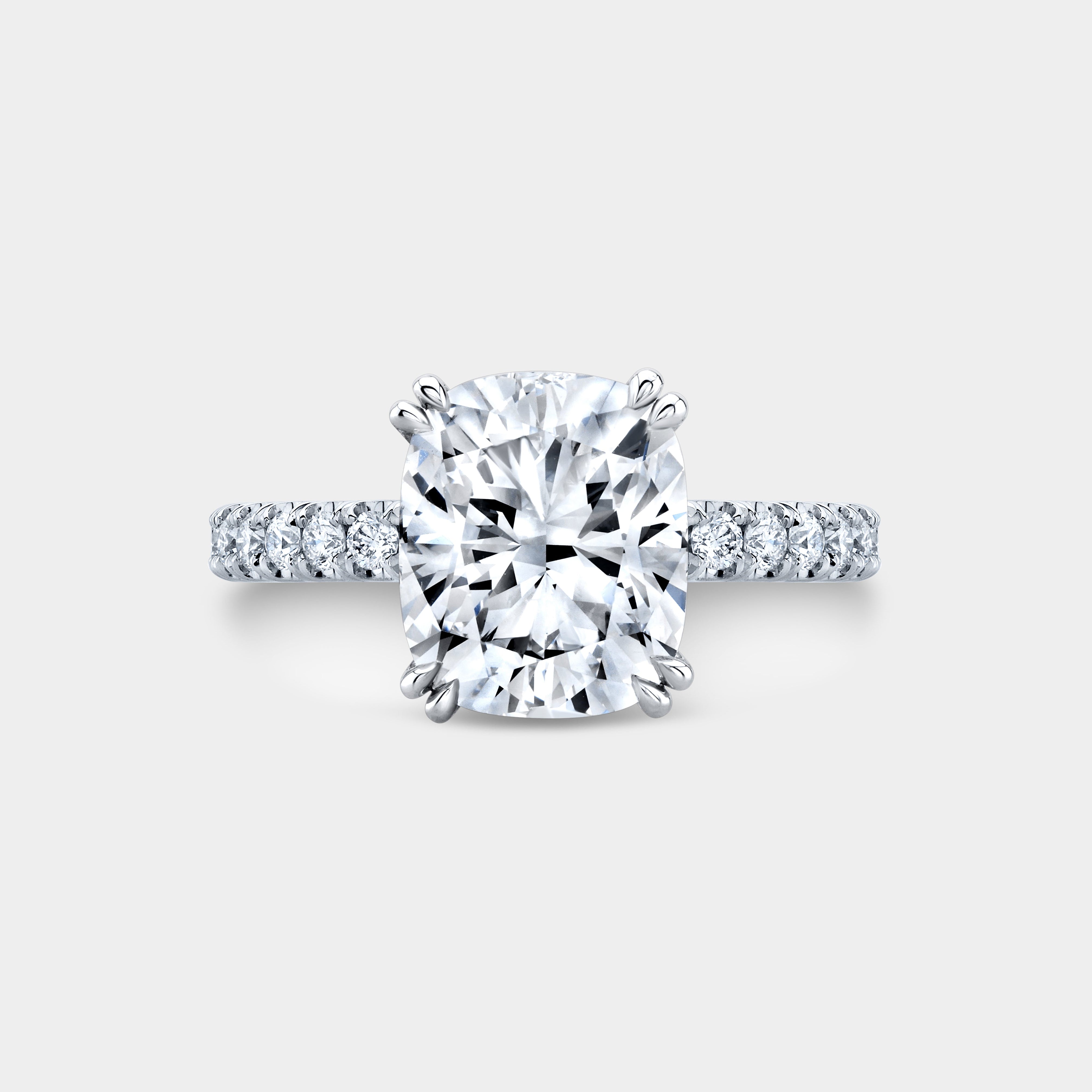 Cushion Diamond Hidden Halo French Pave Double Prong Platinum Engagement Ring