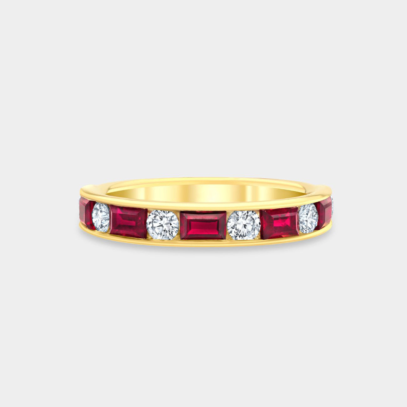 1.25ct Round Diamond Alternating Baguette Ruby Channel Yellow Gold Wedding Band in 18k yellow gold