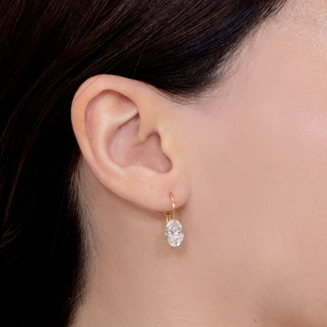 3ct Lab Oval Diamond Dangle French Clip Earrings in 14k yellow gold