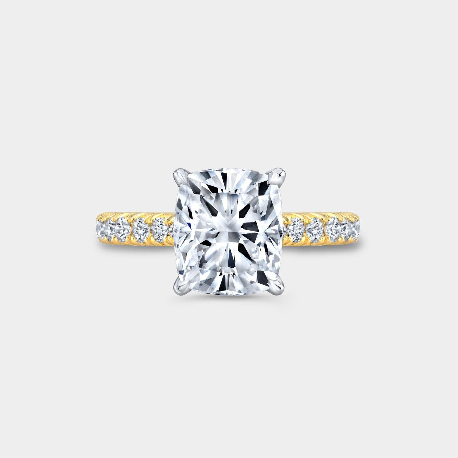 2.42ct Lab Grown Cushion Tulip Low Cathedral Pave Diamond Yellow Gold And Platinum Engagement Ring - 2.42ct Lab Grown