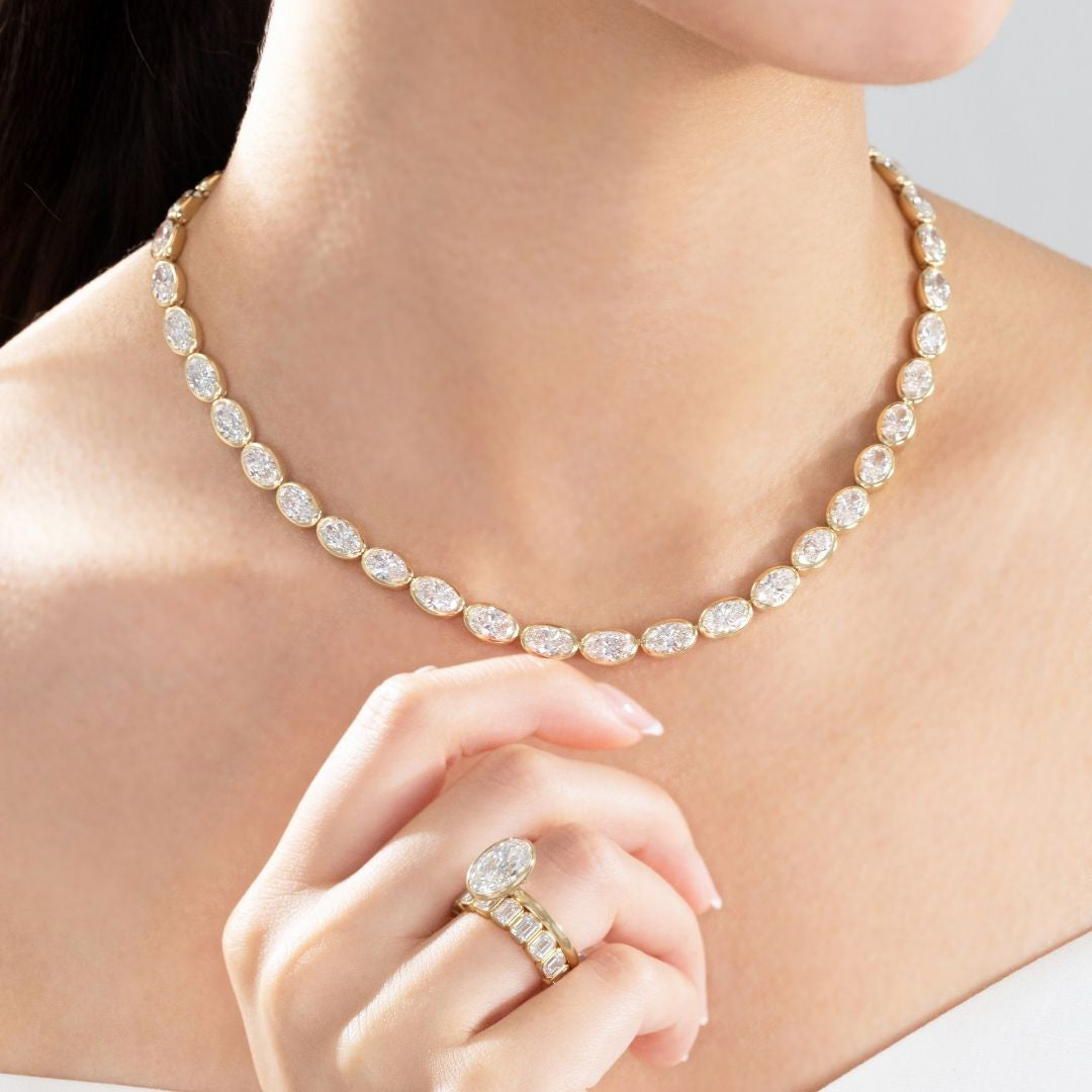 36ct Lab Oval Diamond Bezel Set East West Yellow Gold Tennis Necklace in 14k yellow gold