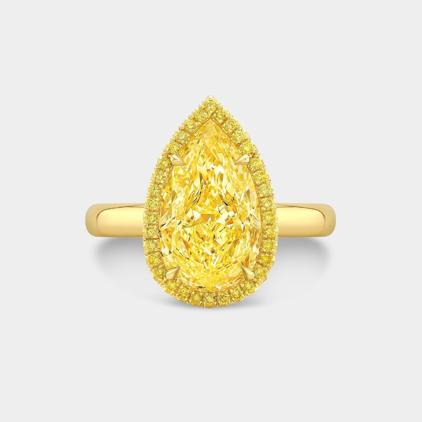 3.6ct Pear Shape Yellow Lab Grown Diamond Halo Solitaire Engagement Ring in 18k yellow gold