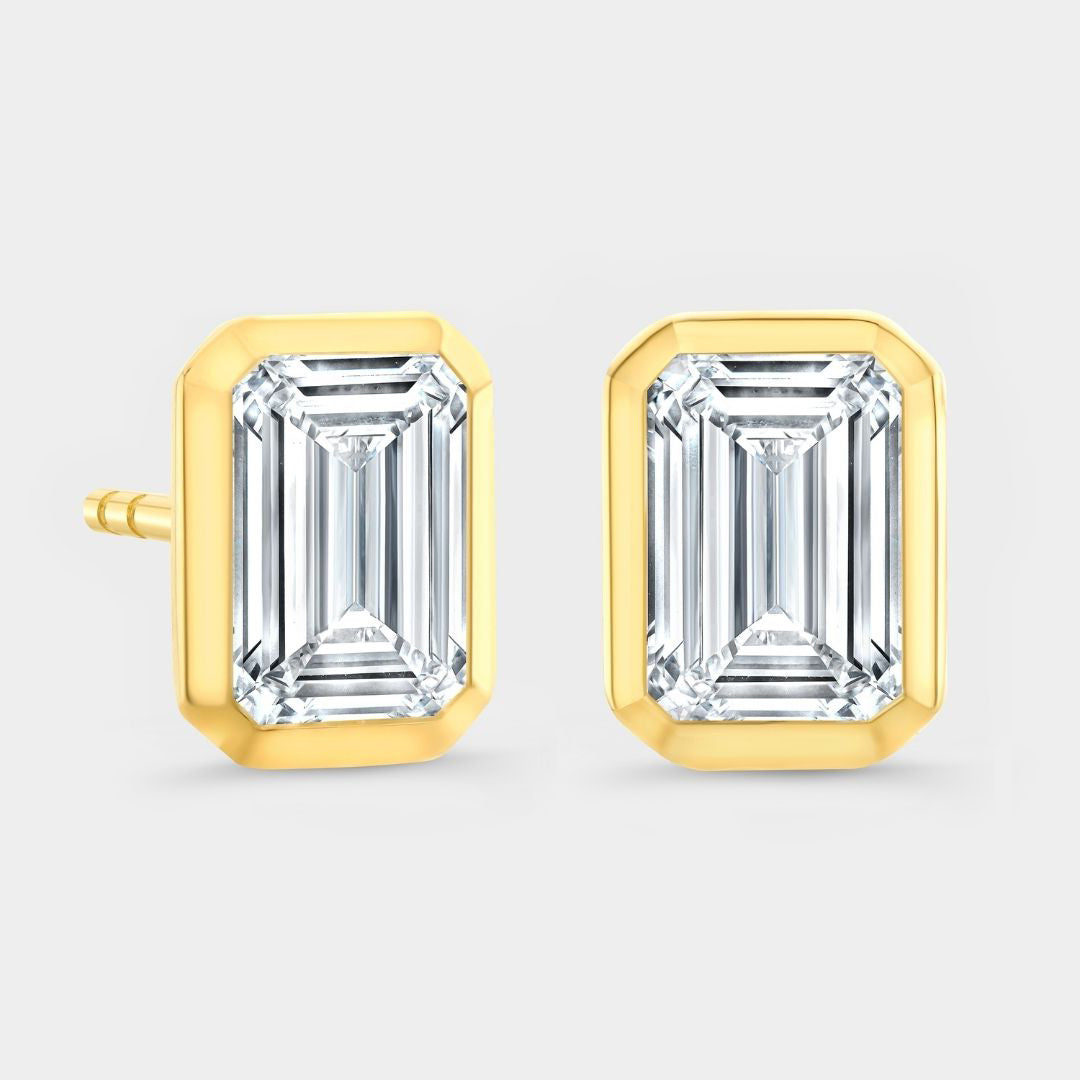 2ct Lab Grown Emerald Diamond Yellow Gold Bezel Stud Earrings in 14k yellow gold