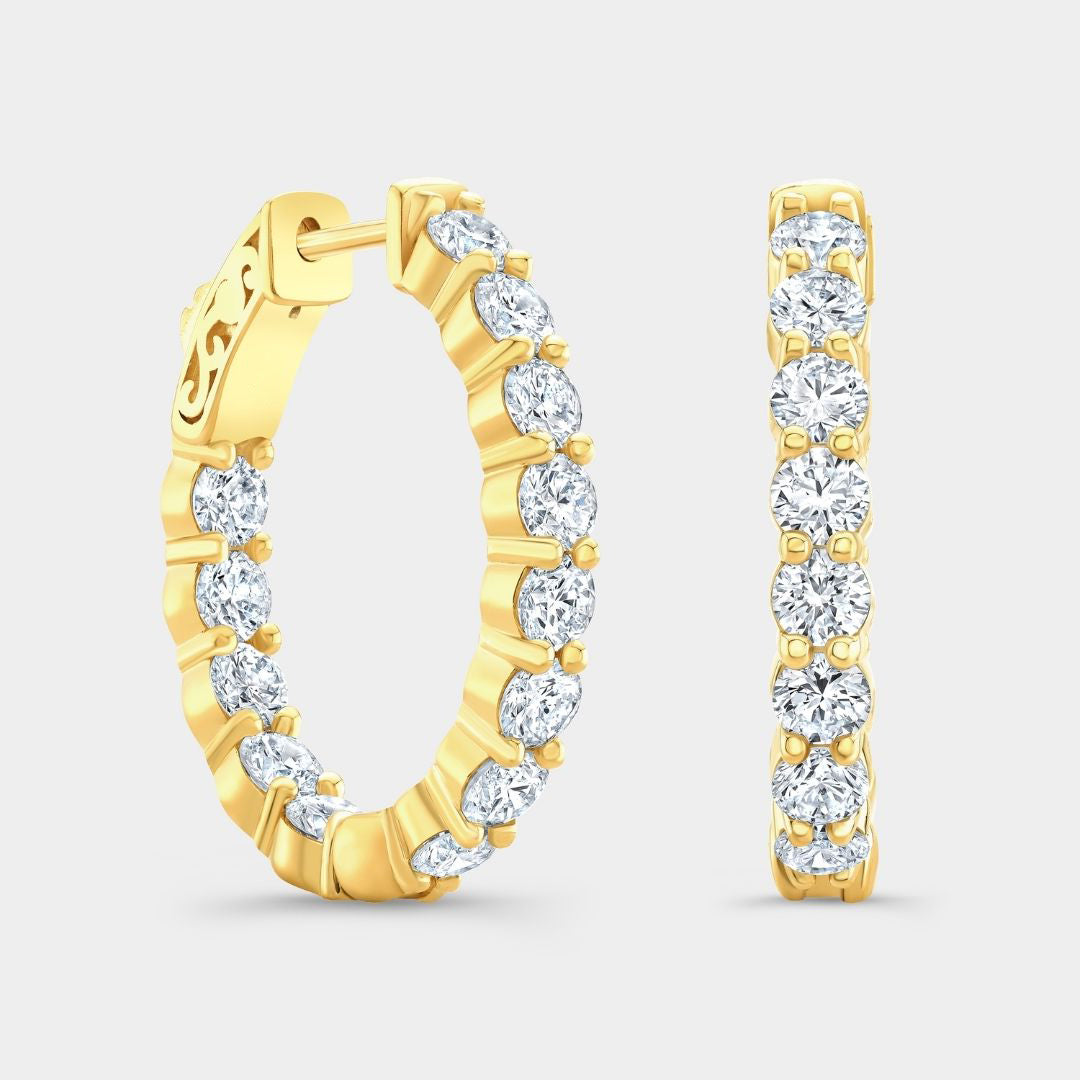 3.25ct Oval Shaped Lab Grown Round Diamond Yellow Gold Inside Out Hoop Earrings in 14k yellow gold