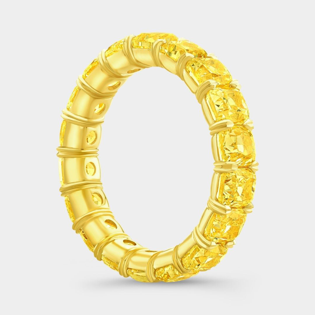 5.5ct Cushion Cut Fancy Yellow Diamond Eternity Band in 18k yellow gold