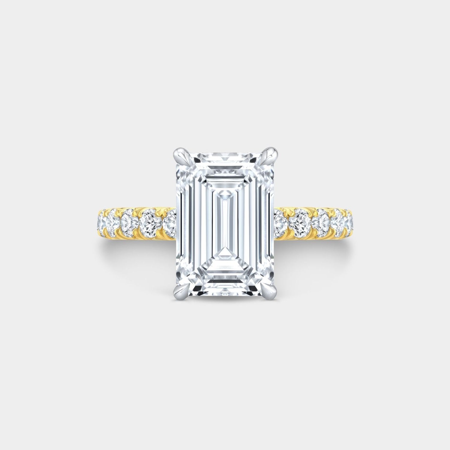 3.06ct Lab Grown Emerald Diamond French Pave Low Profile Yellow Gold And Platinum Engagement Ring - 3.06ct Lab Grown