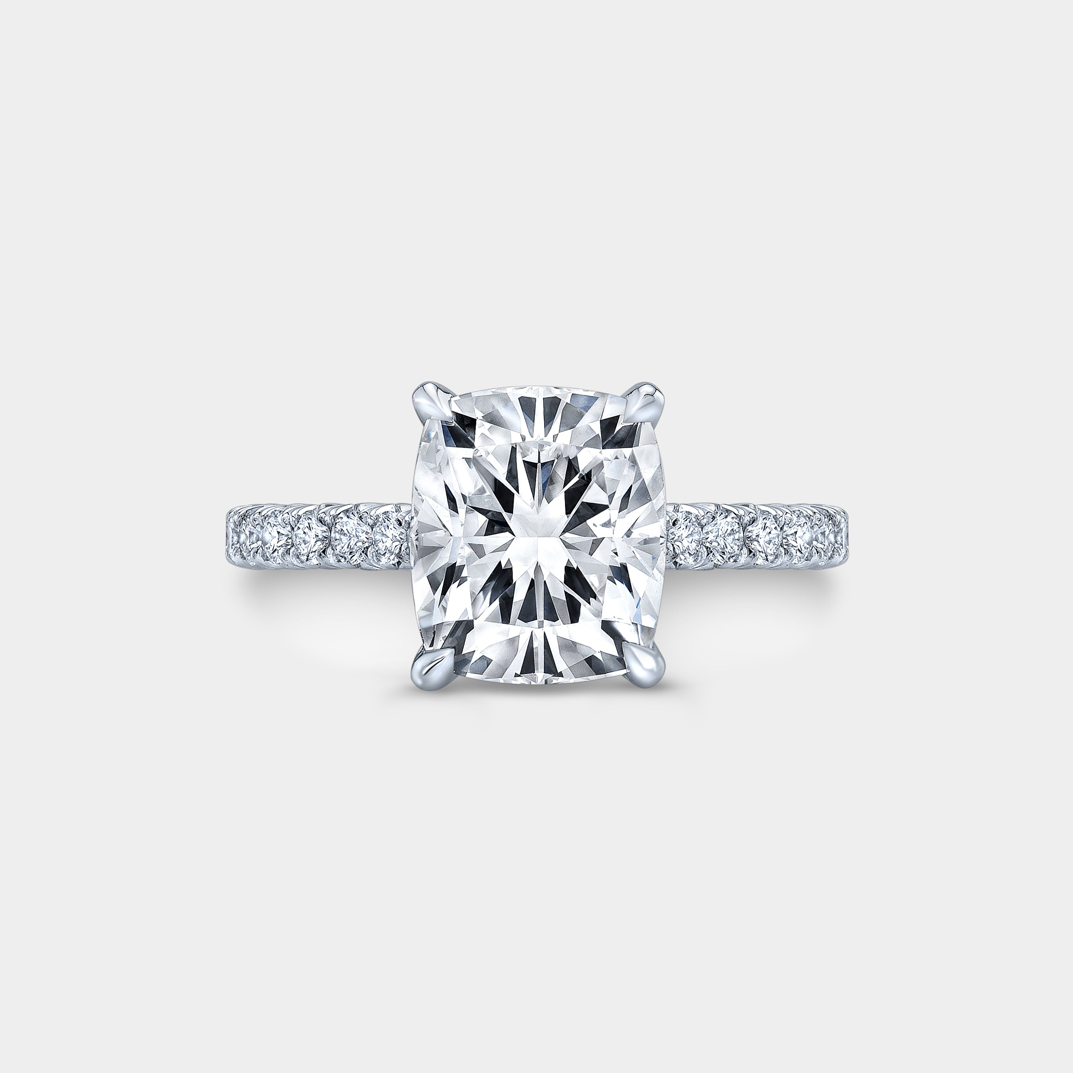 Cushion Diamond Tulip Cathedral French Pave White Gold Engagement Ring