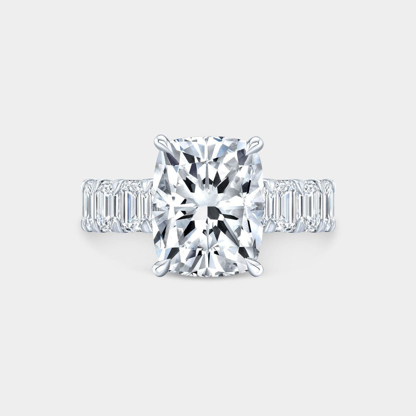 Cushion Diamond Chloe with Emerald Cut Side Diamonds Platinum Engagement Ring