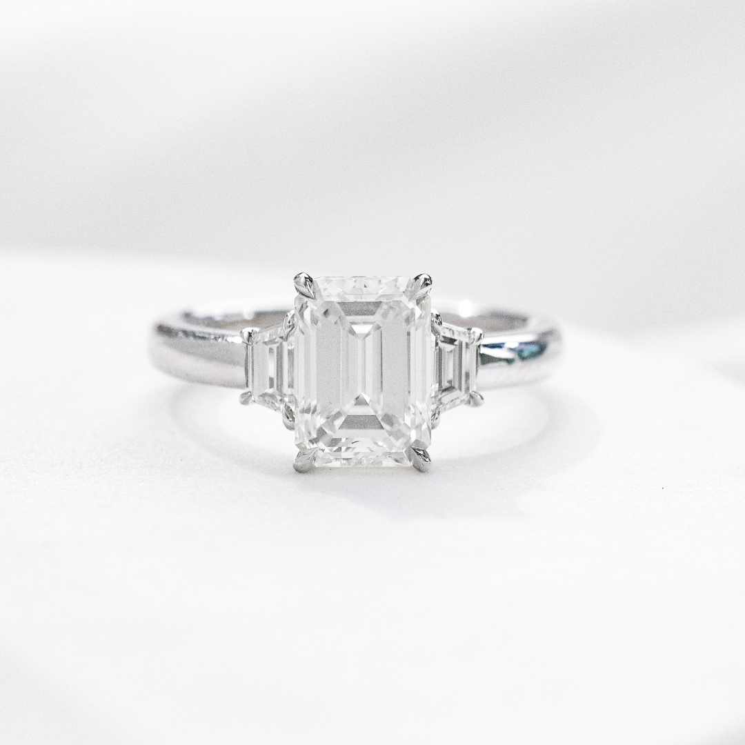 2.06ct Lab Grown Emerald Diamond 3 Stone Ring with Trapezoid Sides Platinum Engagement Ring - 2.06ct Lab Grown