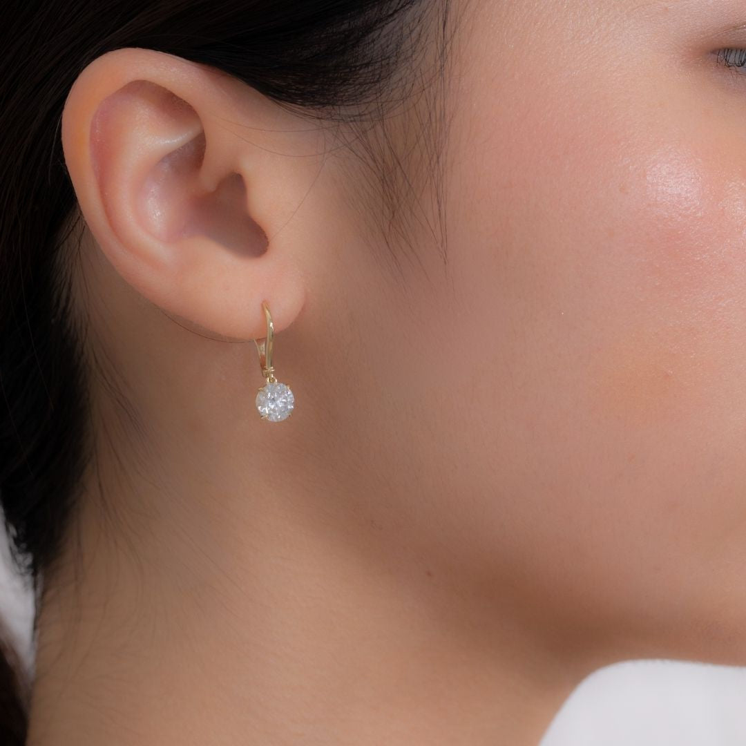 2ct Lab Round Diamond Yellow Gold Dangle Drop Earrings in 14k yellow gold
