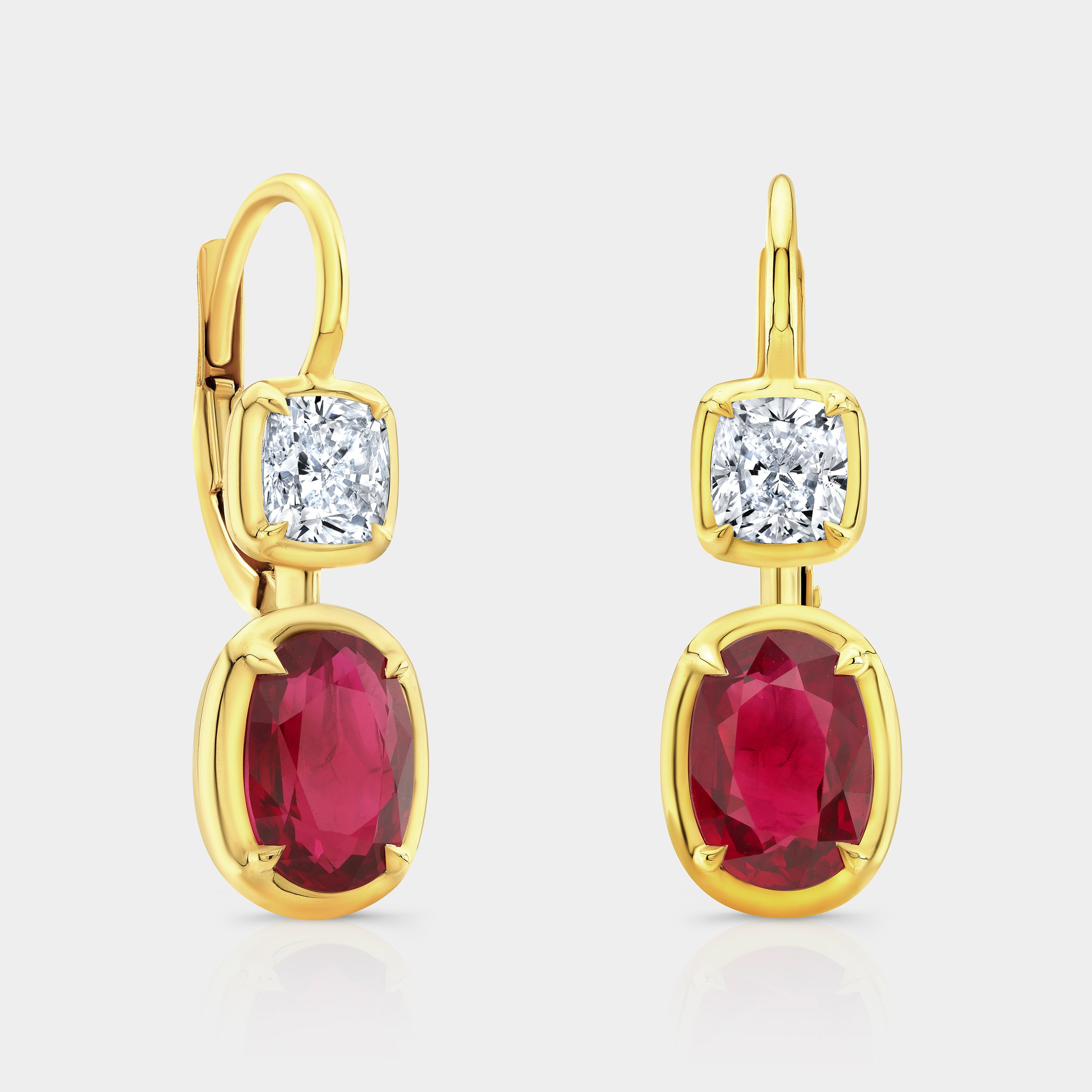 3.50ct Oval Cut Red Ruby and Cushion Diamond Double Drop Earrings