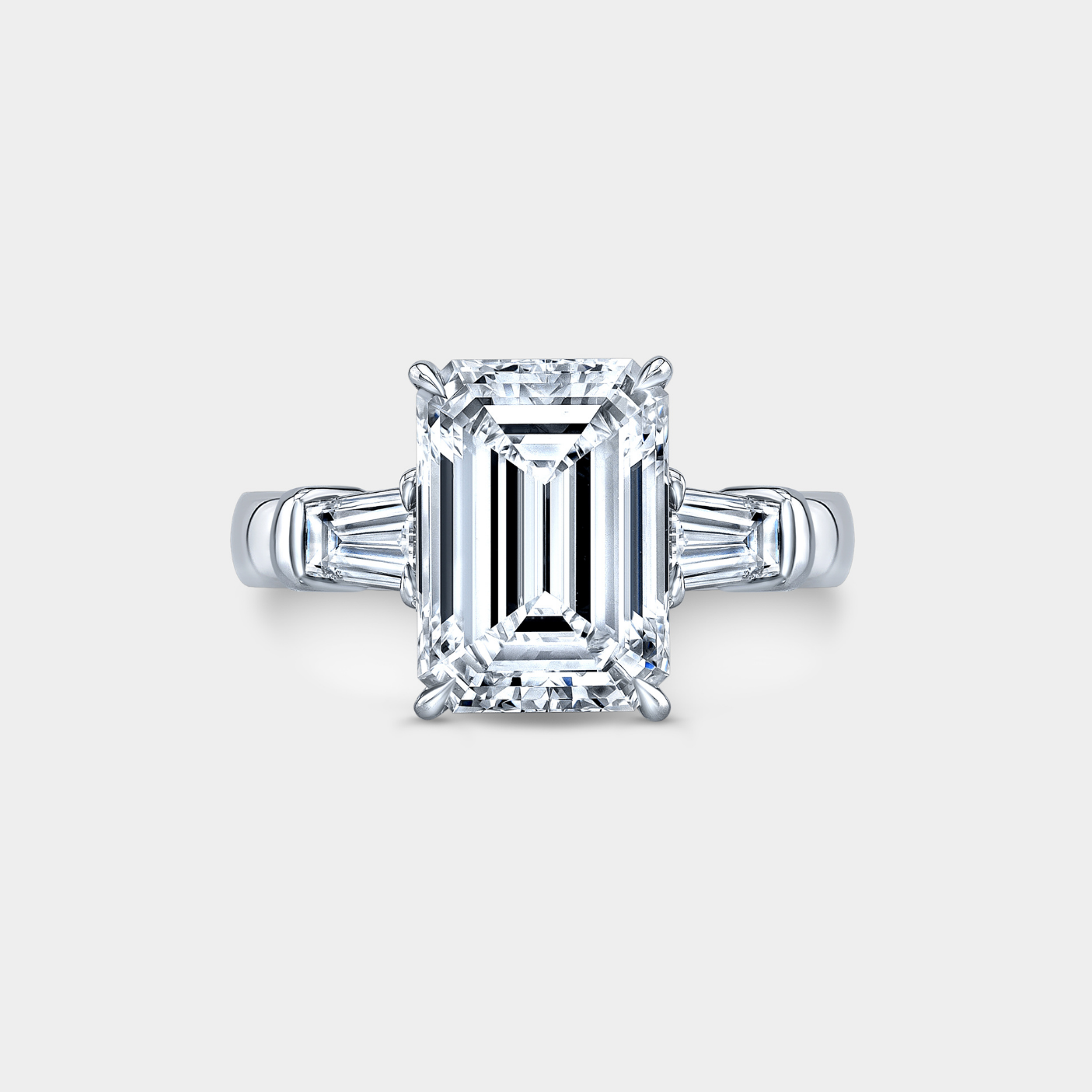 3.74ct Lab Grown Emerald Diamond 3 Stone Ring with Tapered Baguettes Platinum Engagement Ring - 3.74ct Lab Grown