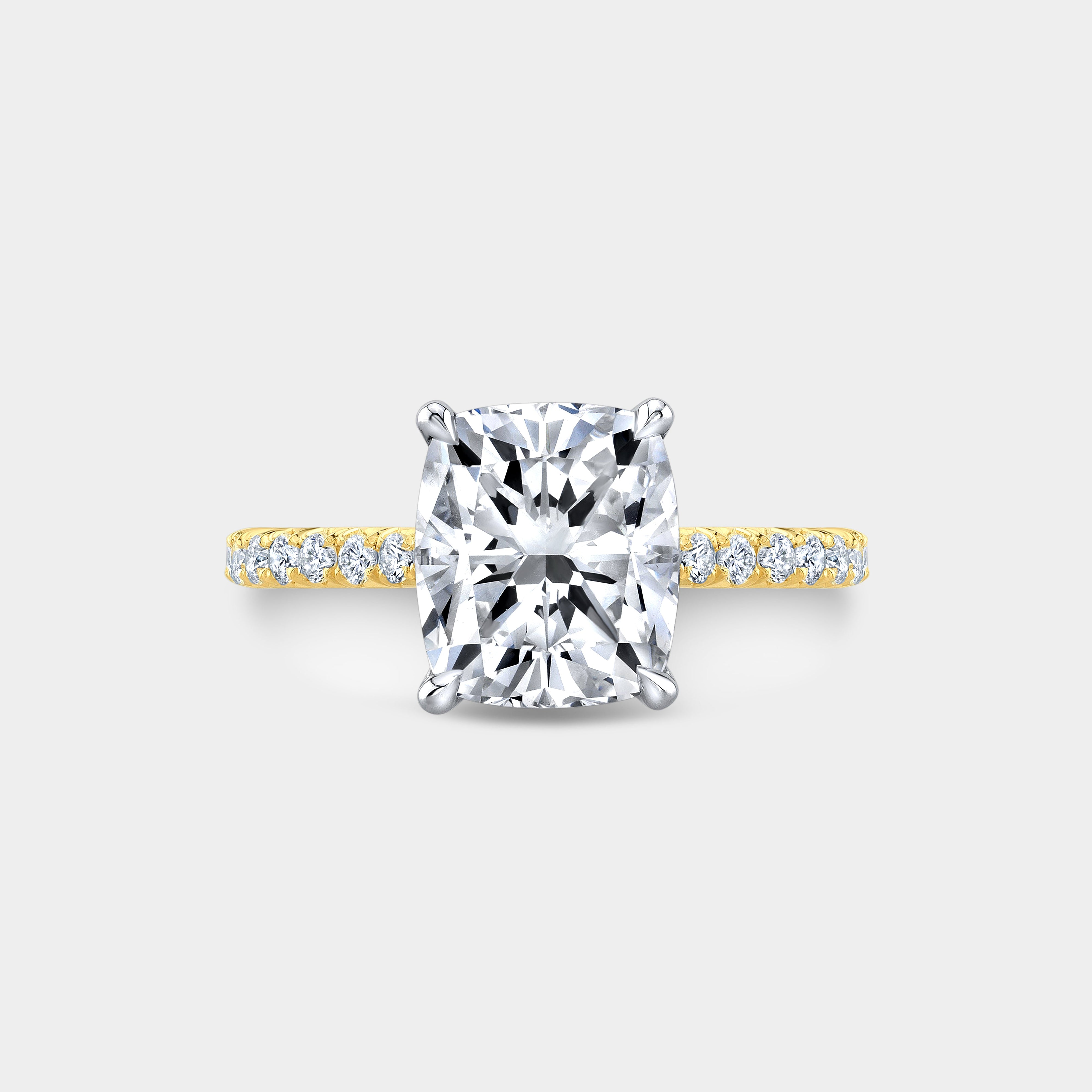 Cushion Diamond Tulip Tapered Cathedral French Pave Yellow Gold And Platinum Engagement Ring