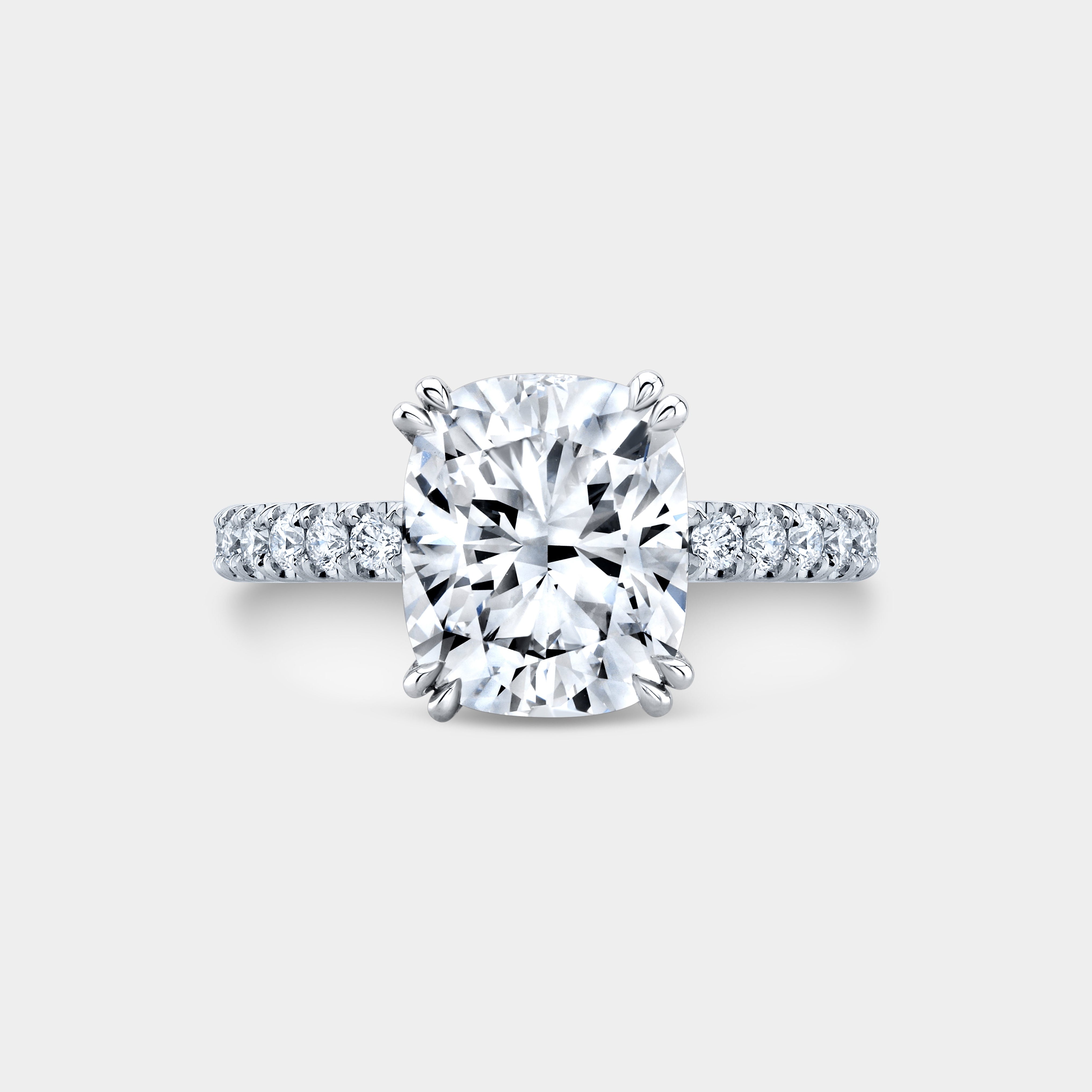Cushion Diamond Hidden Halo French Pave Double Prong White Gold Engagement Ring
