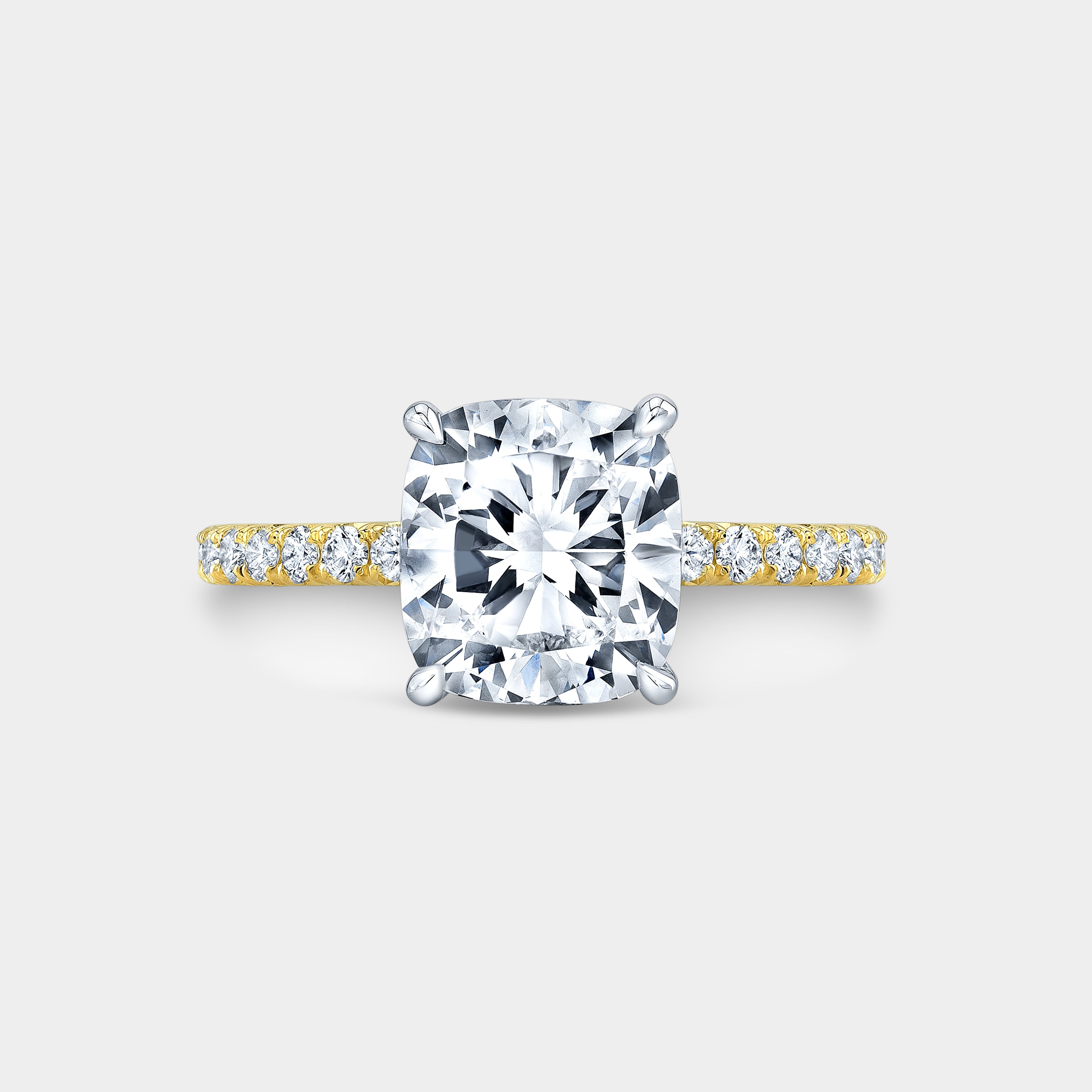 Cushion Diamond Hidden Halo with French Pave Yellow Gold And Platinum Engagement Ring