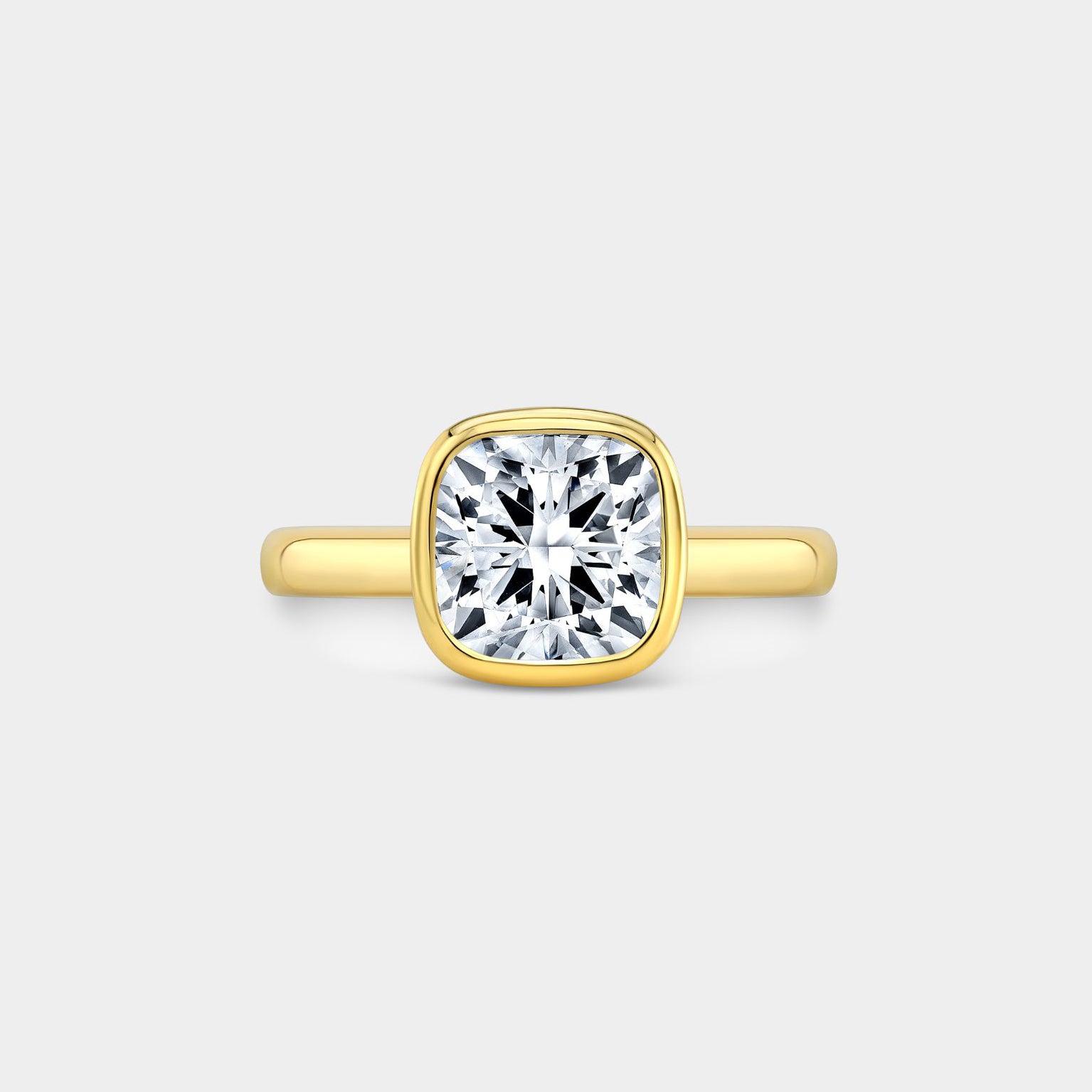 Cushion Diamond Bezel Set Tulip Solitiare Yellow Gold And Platinum Engagement Ring