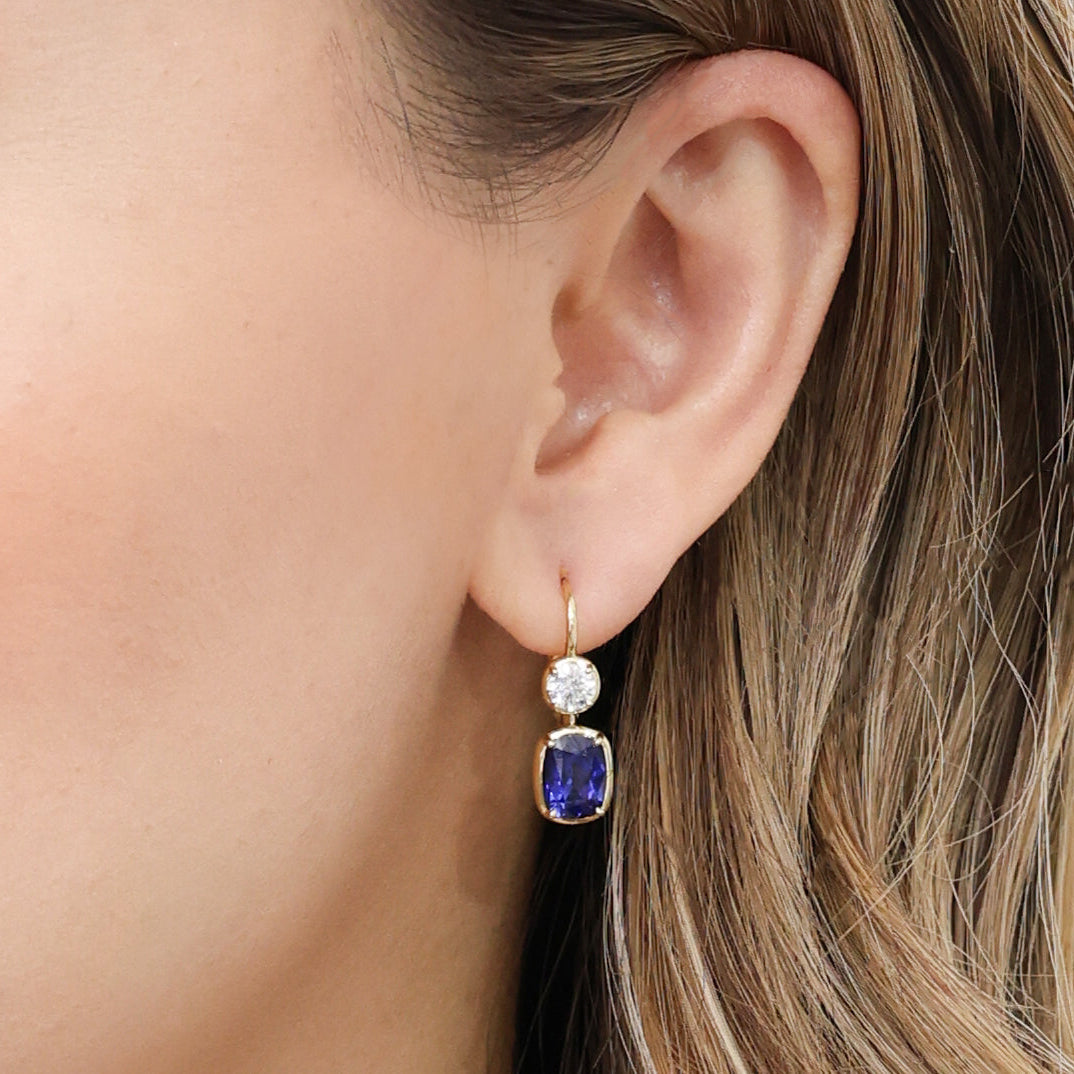 4ct Cushion Cut Blue Sapphire and Diamond Double Drop Earrings