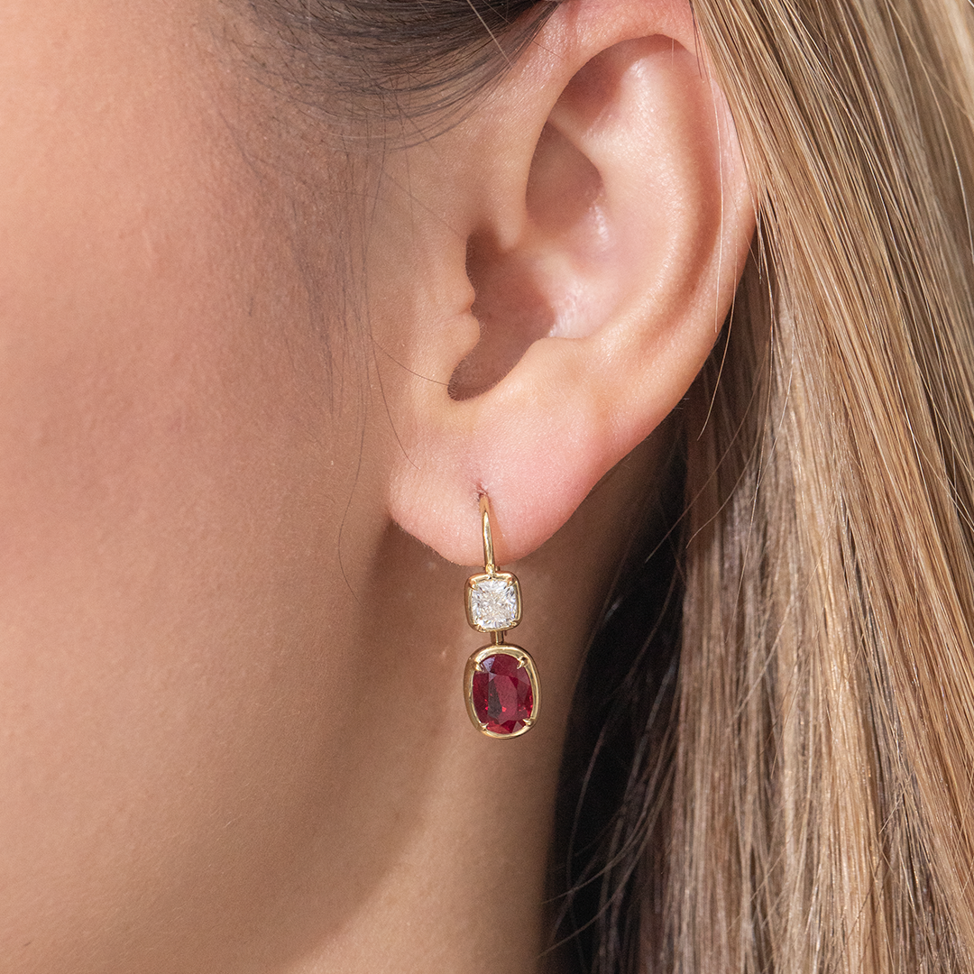 3.50ct Oval Cut Red Ruby and Cushion Diamond Double Drop Earrings