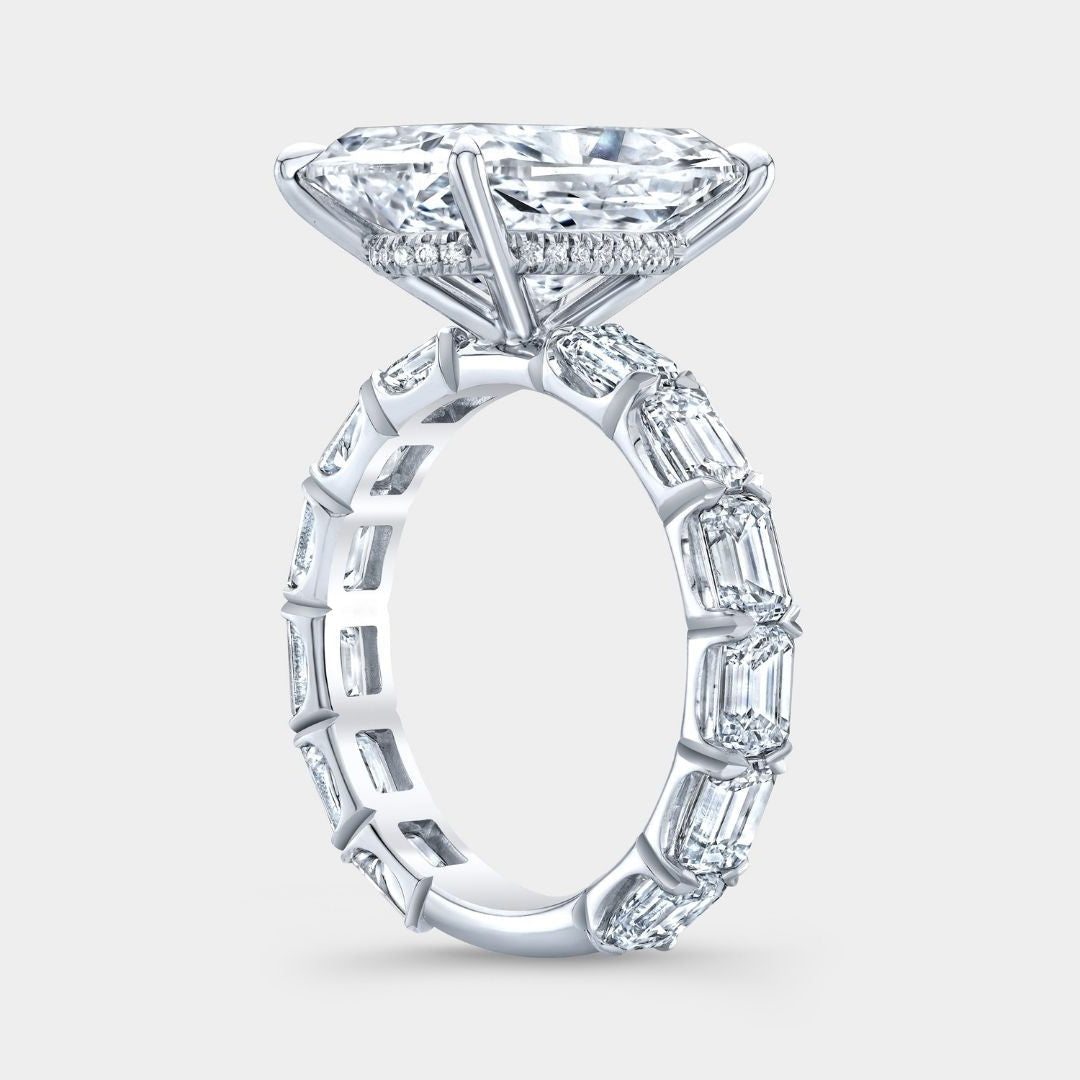 Cushion Diamond Hidden Halo East–West Emerald Cut Diamond Band Platinum Engagement Ring