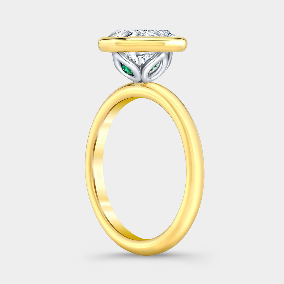 Cushion Diamond Bezel Set Tulip Solitiare Yellow Gold And Platinum Engagement Ring